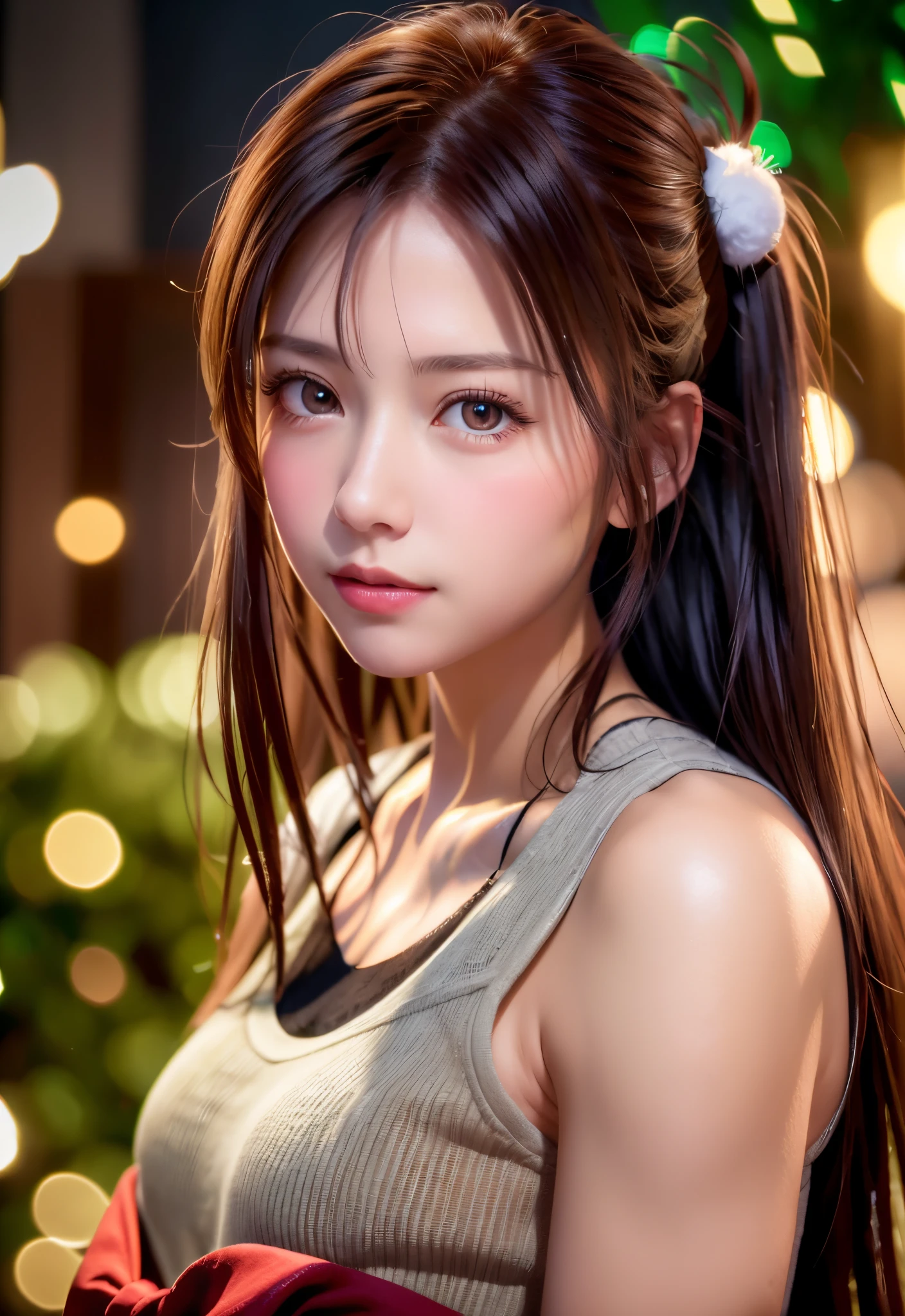 8K, of the highest quality, masutepiece:1.2), (Realistic, Photorealsitic:1.37), of the highest quality, masutepiece, Beautiful young woman, Pensive expression,、A charming、and an inviting look, cute santa clothes, Hair tied back, Cinematic background, Light skin tone、Christmas