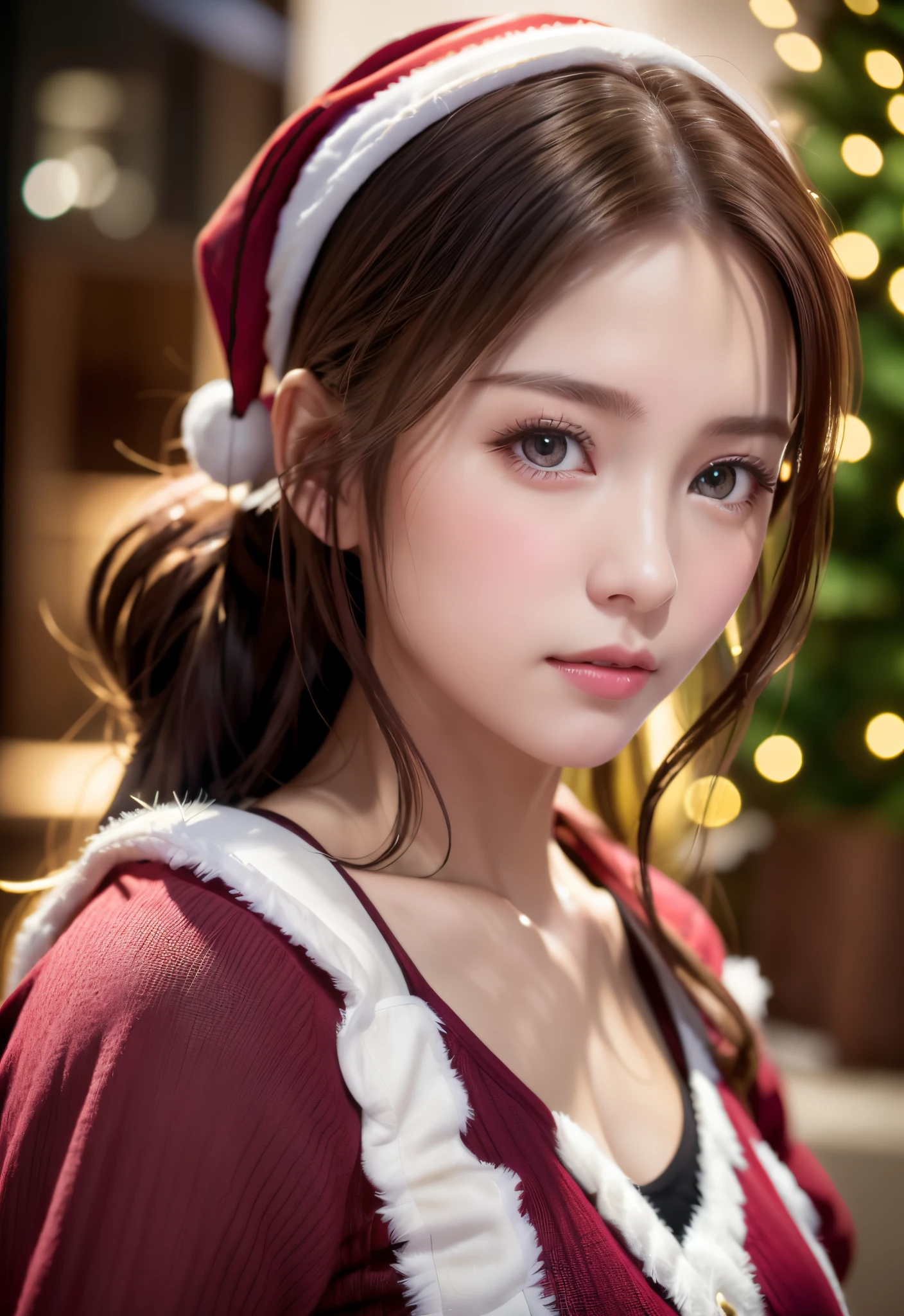 8K, of the highest quality, masutepiece:1.2), (Realistic, Photorealsitic:1.37), of the highest quality, masutepiece, Beautiful young woman, Pensive expression,、A charming、and an inviting look, cute santa clothes, Hair tied back, Cinematic background, Light skin tone、Christmas