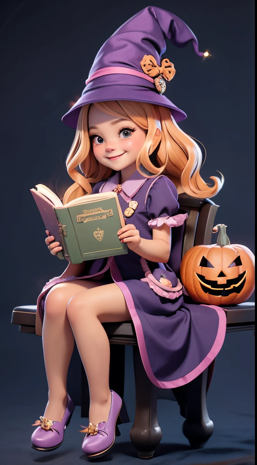 Cute Halloween Theme、full body Esbian、A smile、 The Wand and the Magic Book、Glamorous Hat、Halloween Accessories、Draw clothes buttons and pockets in a Halloween style、Cute shoes、sit a chair、bio luminescent、radiant light