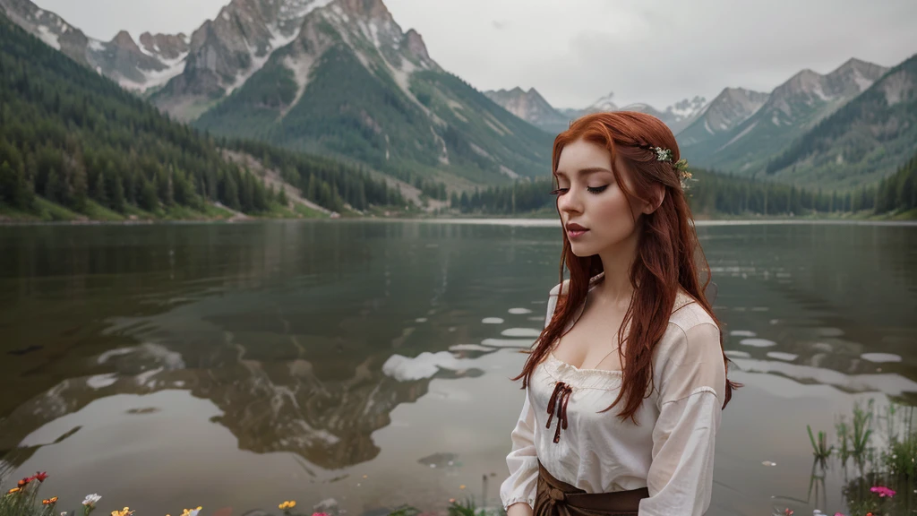 young girl ,slavic look,folk clothes,blurry background,red hair,heavy make up,pink lipstick,Polish,8k,ultra realistic,realistic face,realistic body,one girl,comfortable,rain,day,flowers,outsite,landscape,eyes closed,in water,lake,mountains,wet hair,beautiful
