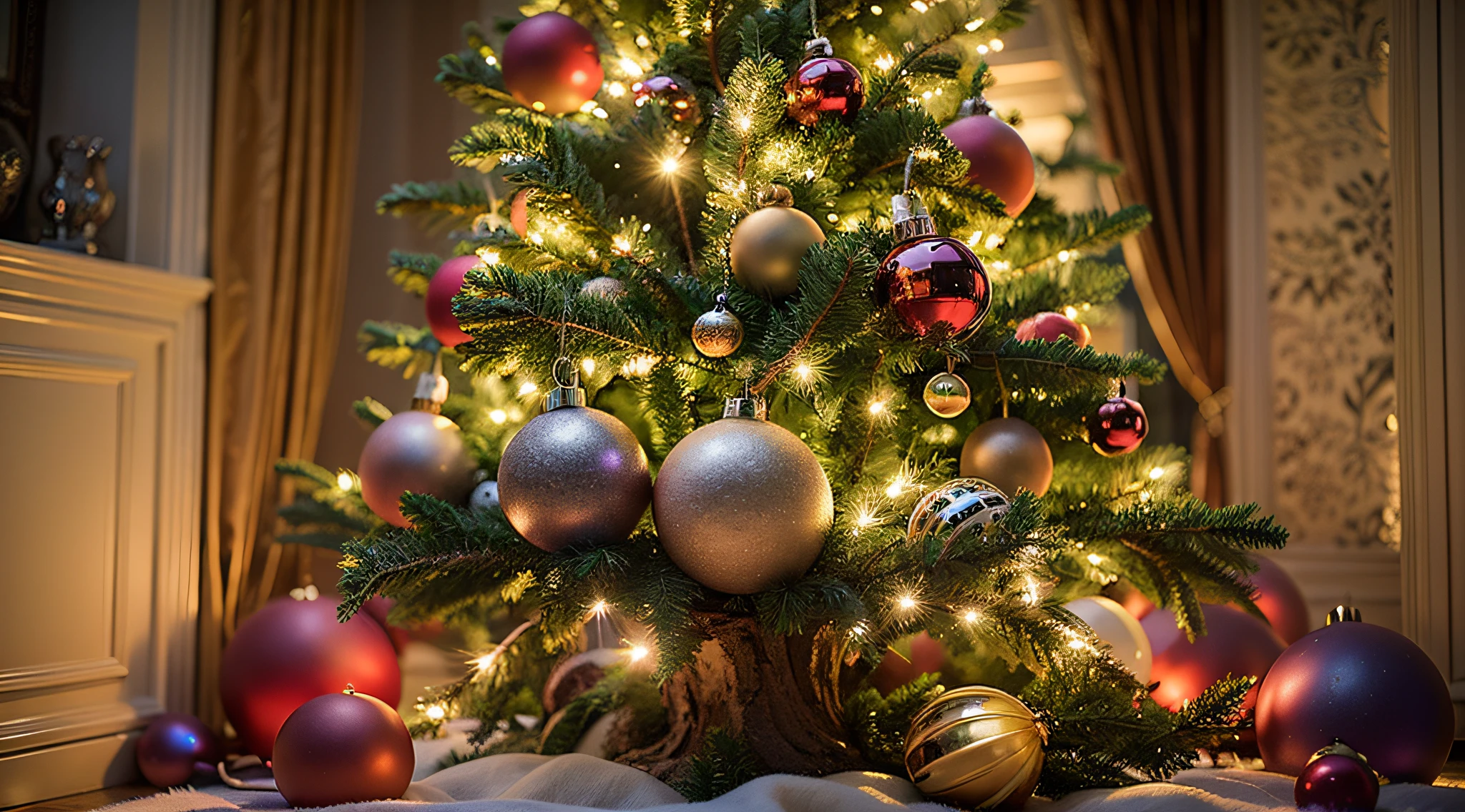 Well decorated Christmas tree, sparkling christmas tree,fireplace, subtle lighting,depth of fields、​masterpiece、Top  Quality、(Best Quality,4k,8K,high resolucion,Masterpiece:1.2),Ultra-detailed,(realisitic,Photorealistic,Realistis:1.37),FUJIFILM XT3,excellent shading,Dynamic composition,Realistis,