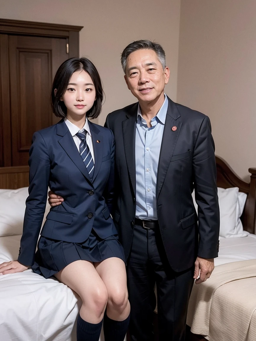 55-year-old short-haired male politician poses with 18-year-old flat-chested girl, Smile shyly, Real light, on the bed BREAK
(school uniform), girl