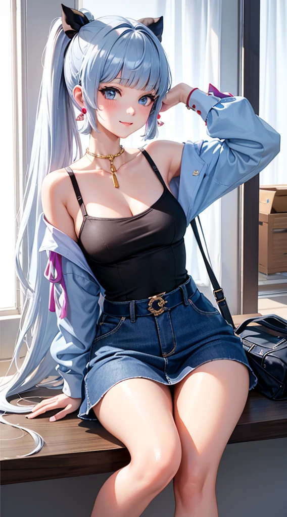 Character Details:, - Gender: 1 Girl. - Style: Anime, - Body Type: Attractive body, slim body, nice legs, slim tights, nice arms, nice shoulders. - Breast: ((Small Breast:1,5)), Show Cleavage. - Facial Featureeautiful, Gorgeous, ager, Fresh, Young. - Expression: Smile, Pink Blush on Face, Sexy Eyes, Sexy Look, Innocent Look, Tipsy. - Hairstyle: Blunt Bangs, Long Hair. - Hair Color: Light Blue Hair. - Clothing: off-shoulder Sabrina, cotton shirt, skirt. modern. - Body Pose: (Sitting). - Behaviour: Waiting, Want Something, Secretly. - Accessories: Earrings., Environmental Details:, - Setting: Office Room., - Lighting: Natural Light., - Decoration: Modern Office Desk, Chair, Window, White Curtain, City View. Top view. pov, anime style, UHD, retina, masterpiece, accurate, anatomically correct, textured