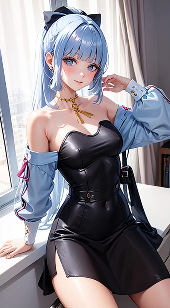 Character Details:, - Gender: 1 Girl. - Style: Anime, - Body Type: Attractive body, slim body, nice legs, slim tights, nice arms, nice shoulders. - Breast: ((Small Breast:1,5)), Show Cleavage. - Facial Featureeautiful, Gorgeous, Teenager, Fresh, Young. - Expression: Smile, Pink Blush on Face, Sexy Eyes, Sexy Look, Innocent Look, Tipsy. - Hairstyle: Blunt Bangs, Long Hair. - Hair Color: Light Blue Hair. - Clothing: off-shoulder Sabrina, cotton shirt, skirt. modern. - Body Pose: (Sitting). - Behaviour: Waiting, Want Something, Secretly. - Accessories: Earrings., Environmental Details:, - Setting: Office Room., - Lighting: Natural Light., - Decoration: Modern Office Desk, Chair, Window, White Curtain, City View. Top view. pov, anime style, UHD, retina, masterpiece, accurate, anatomically correct, textured