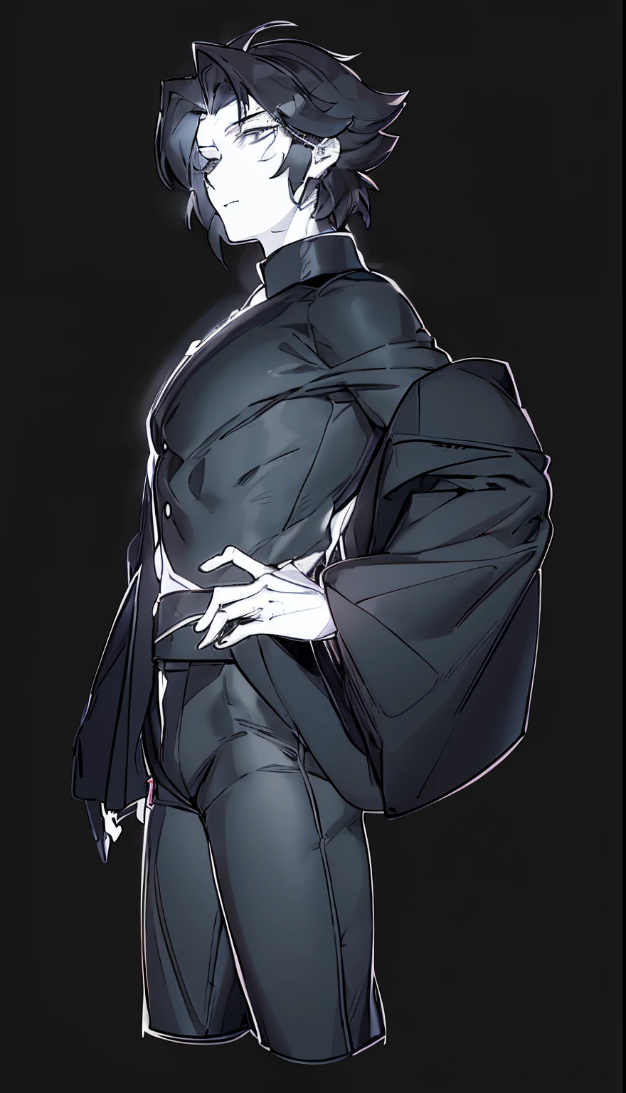 Drawing of a man wearing white shirt and black pants, clean linework, Sharp lines, Perfect lines, Bold draft, Bold lines, Thick black line drawing, thick line art, full body character drawing, thick outline, Clean anime silhouette, detailed full-body concept, Line, heavy line draft, intense line art, clean lineart