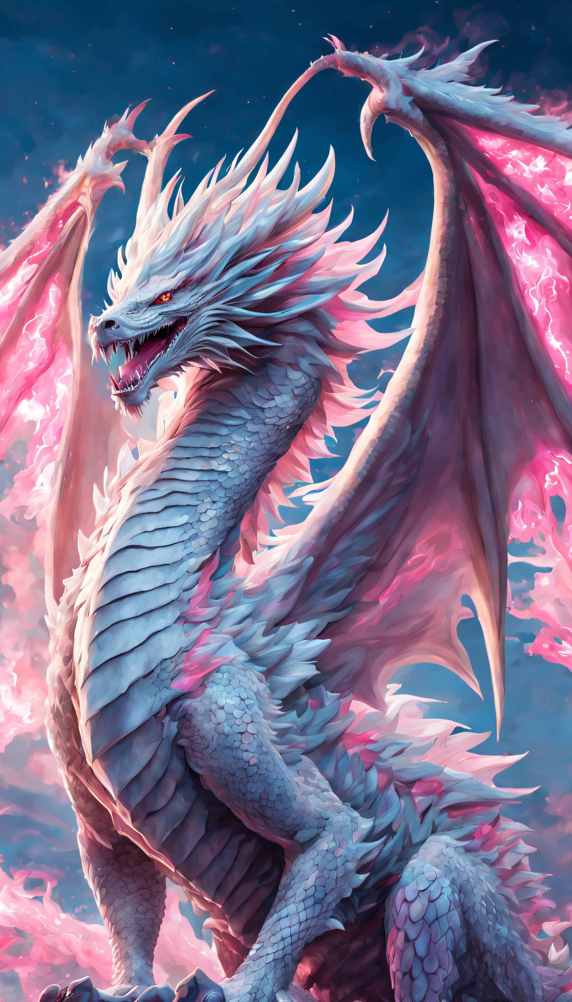 A white dragon with pink details, Asas Abertas, focus on the entire body and pink flames coming out of your mouth towards the glow, clear blue sky, chamas e fogo rosa