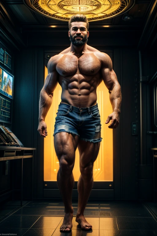 ((Male debut work)), ((1 male)), ((beautiful, masculine and strong face)), with ((well-groomed beard)), shirtless, wearing frayed denim shorts, ((lascivious full body) ), ((beautiful and muscular legs)), ((beauty body,)), top quality, Official Art,great aesthetics:1.2), best quality, Ultra HD |, 32k Ultra, (Fractal Art:1.3), Colors highly detailed, ((sexy villain)), soft, masculine and strong smile, Smooth expression, a smile, ((full body shot)), golden light looking at camera, ((In the background Space Station in Antares, celestial city )), highly detailed, ultra-realistic, intricate details, best quality)), ((Cinematic light)), hyper realistic, dark fantasy, epic realistic, art, (HDR:1.5), hyper detailed, (Artee station:1.5 ), cinemactic, warm lights, Light Effect, dramatic light, (intricate details:1.1)