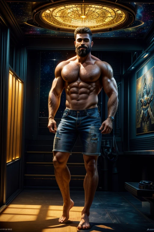 ((Male debut work)), ((1 male)), ((beautiful, masculine and strong face)), with ((well-groomed beard)), shirtless, wearing frayed denim shorts, ((lascivious full body) ), ((beautiful and muscular legs)), ((beauty body,)), top quality, Official Art,great aesthetics:1.2), best quality, Ultra HD |, 32k Ultra, (Fractal Art:1.3), Colors highly detailed, ((sexy villain)), soft, masculine and strong smile, Smooth expression, a smile, ((full body shot)), golden light looking at camera, ((In the background Space Station in Antares, celestial city )), highly detailed, ultra-realistic, intricate details, best quality)), ((Cinematic light)), hyper realistic, dark fantasy, epic realistic, art, (HDR:1.5), hyper detailed, (Artee station:1.5 ), cinemactic, warm lights, Light Effect, dramatic light, (intricate details:1.1)
