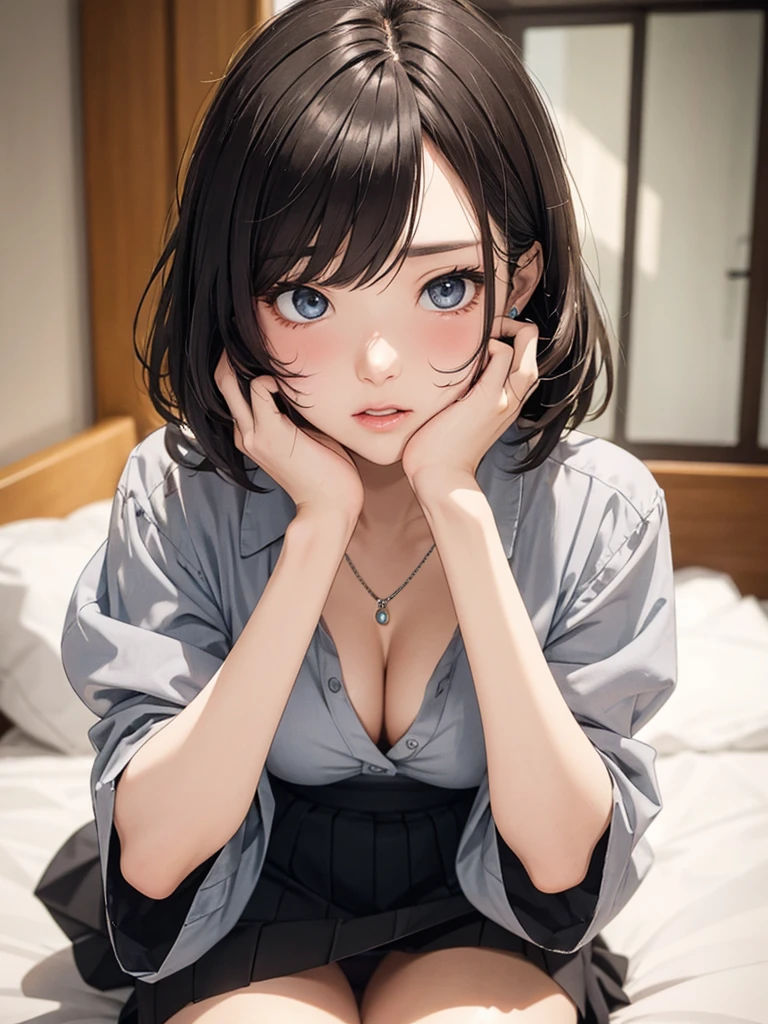 Photorealistic、quality、超高分辨率、photore、Beautiful photos of Scandinavian born women、phenomenal beauty、perfect bodieiologically accurate、prominence of prominence、Closely loved and beautiful legs、(Pure love face_v1:0.008)、beautiful bangair and shiny skin、bangs between eyes、Shiny beautiful hair、Silky hair、finer hair、High definition eye-catching, Bright and clear, Big eyes sparkle with charming light、eyeline、double eyelids full body portrait、frustrated、Red blush、embarrassed from、glarelight、 shiny little necklace and earrings, shiny lip: 1.4,  Humiliated、impatient、frustrated、（Frightened:1.8）、glarelight、The soft、、Hidden with hands、Cover the crotch with your hands、lifting up skirt、Red blush、embarrassed from、I see underwear、Open the knee、make one#39;s behavior public、Disheveled clothes、Dressing、White color blouse、、Wear sweat、clean and tidy woman,25 age old, 1 personal clothing:1.8）、Plump、sexual excitement、Doing、A large amount of white mucus throughout the body,,,,,、curlies, slanted bangs, A blonde、white silver hair、Brown hair、Medium hair, blue gray eyeidnight at the hotel, sit on a bed、
