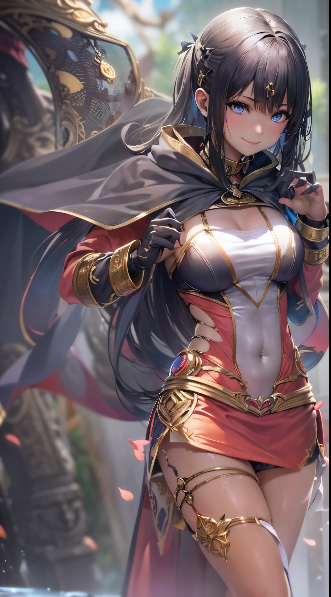 One lady,12year old,(() ,((())), (()), ((colourfull))((I'm opening my mouth)),((micro skirt, bodysuit and short cloak))(A smile),Wet with sweat,(A dark-haired,),((Fantasy,natta))((Clothes are torn))
