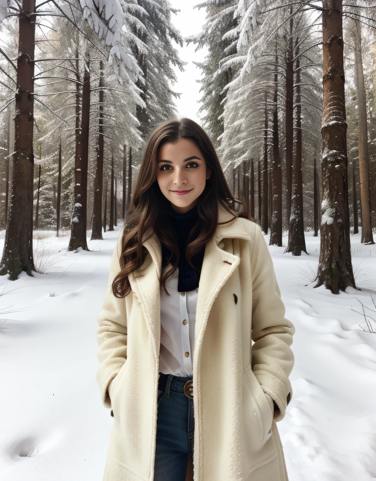 Spanish girl In Romania posing for a photo wearing a a long coat, white shirt, a snowy forest in the background