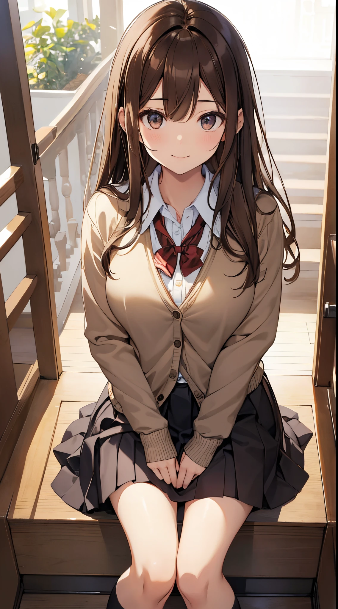 ​masterpiece, top-quality, hight resolution, 1girl in, brown haired, length hair, bangss, Brown-eyed, well balanced large breasts, School uniform、Brown Check Skirt、Cardigan、white lace panty light interior、sit on stairs、low angles、A smile、Open your mouth、open position、White socks