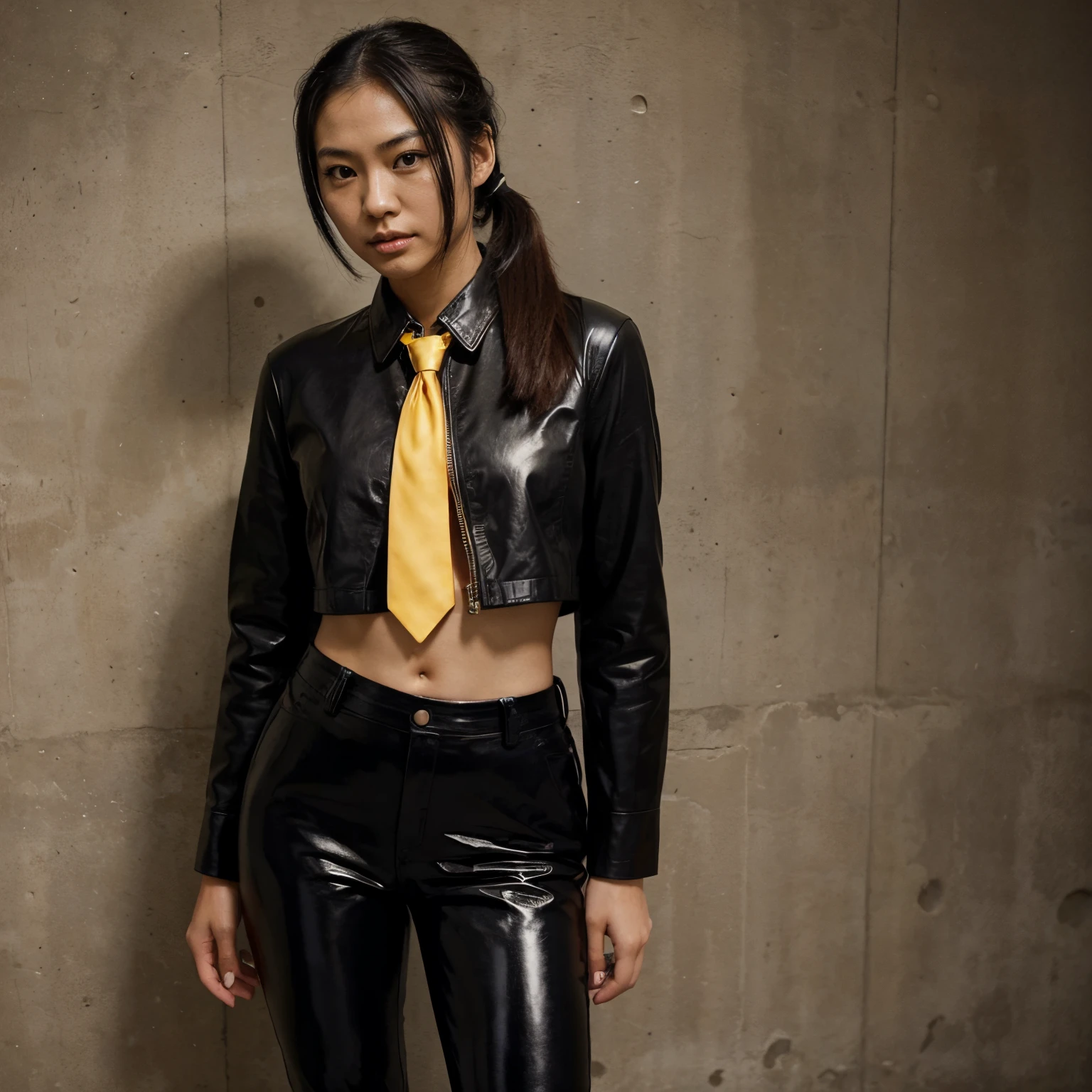 Japanese girl in black leather suit, pony tail hair, yellow tie, agent, masterpiece, best quality, black shirt, leather pants, straight hair, boots, navel