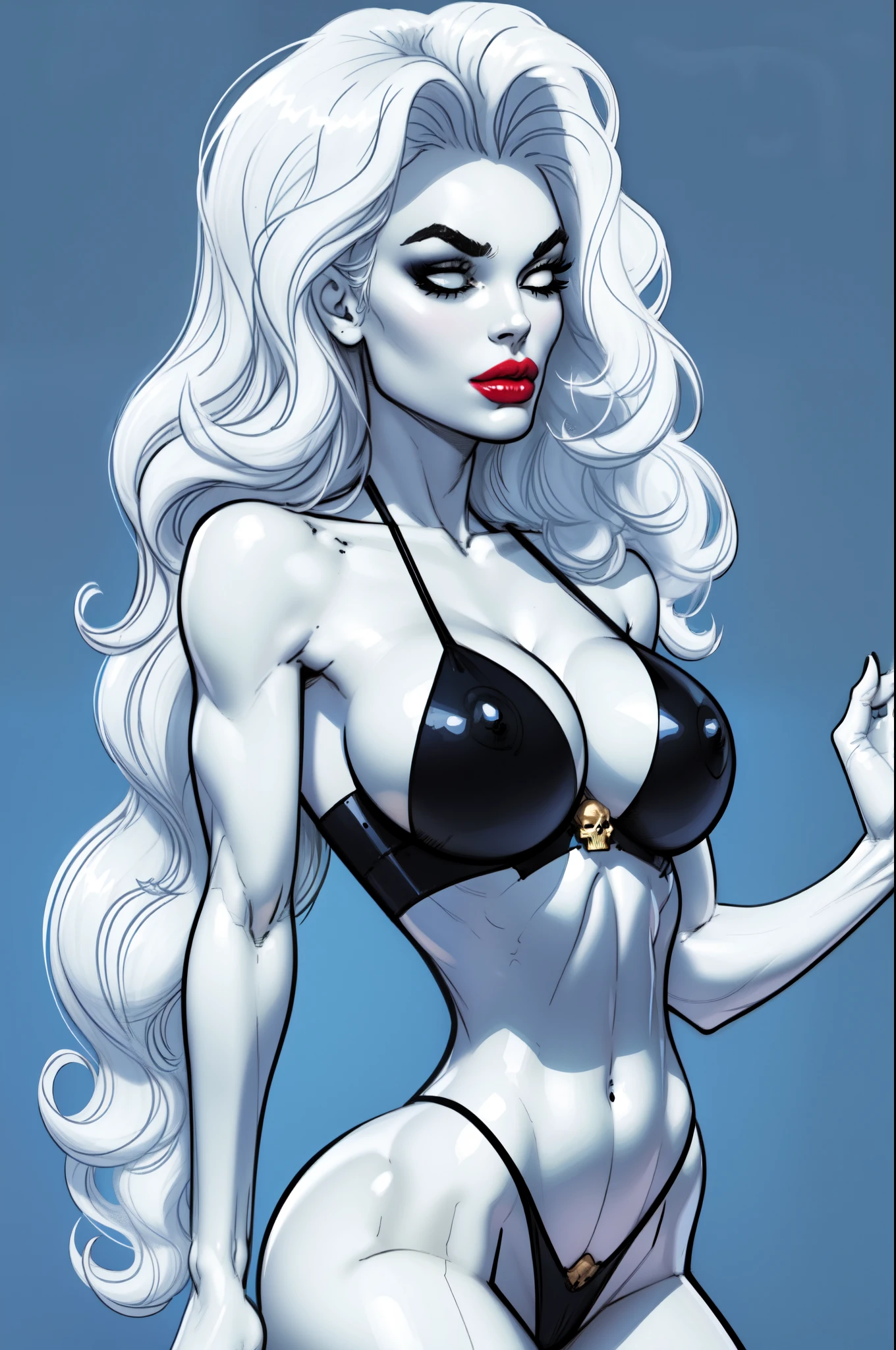 foreshortening, CARTOON_lady_death_bikini_ownwaifu, facing front,bored, mascara, blank_eyes,long hair,breasts,white hair,makeup,colored skin,navel,lipstick,large breasts,wavy hair,white skin,lips,curly hair,red lips,very long hair,toned, narrow_waist, curvy,pale skin, thick_eyelashes, thick eyebrows, big hair, blue background