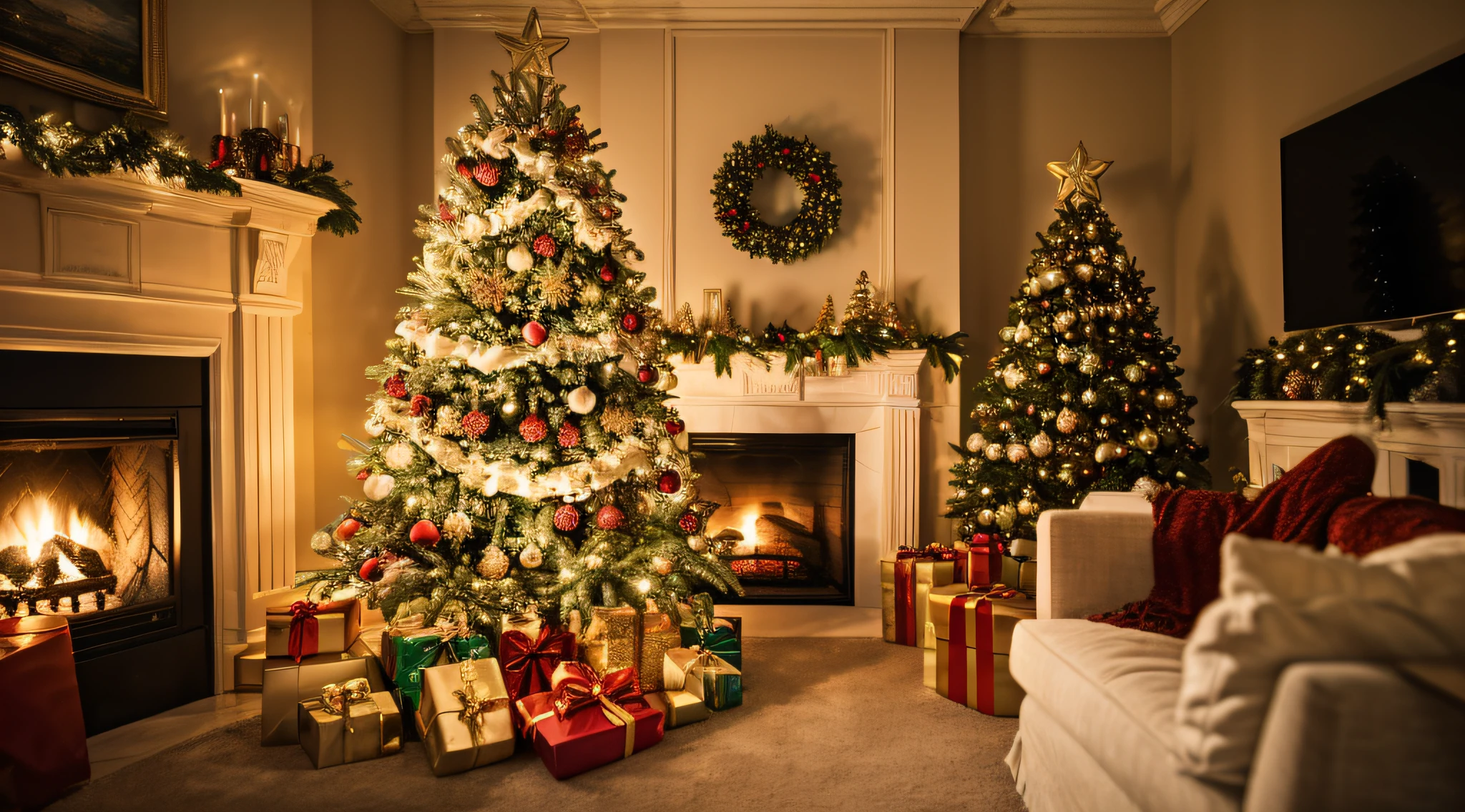 Well decorated Christmas tree, sparkling christmas tree,fireplace, subtle lighting,depth of fields、​masterpiece、Top  Quality、(Best Quality,4k,8K,high resolucion,Masterpiece:1.2),Ultra-detailed,(realisitic,Photorealistic,Realistis:1.37),FUJIFILM XT3,excellent shading,Dynamic composition,Realistis,