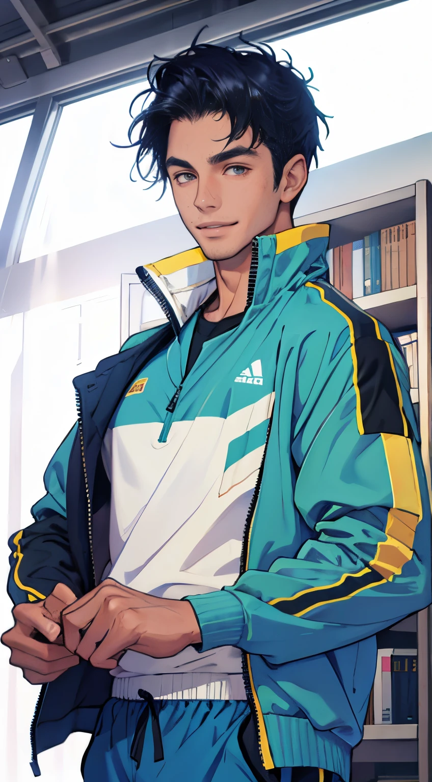 track suit，CasualClothing，Student Clothing，Warm man，ssmile，relaxed，modern setting，schools，libraryai