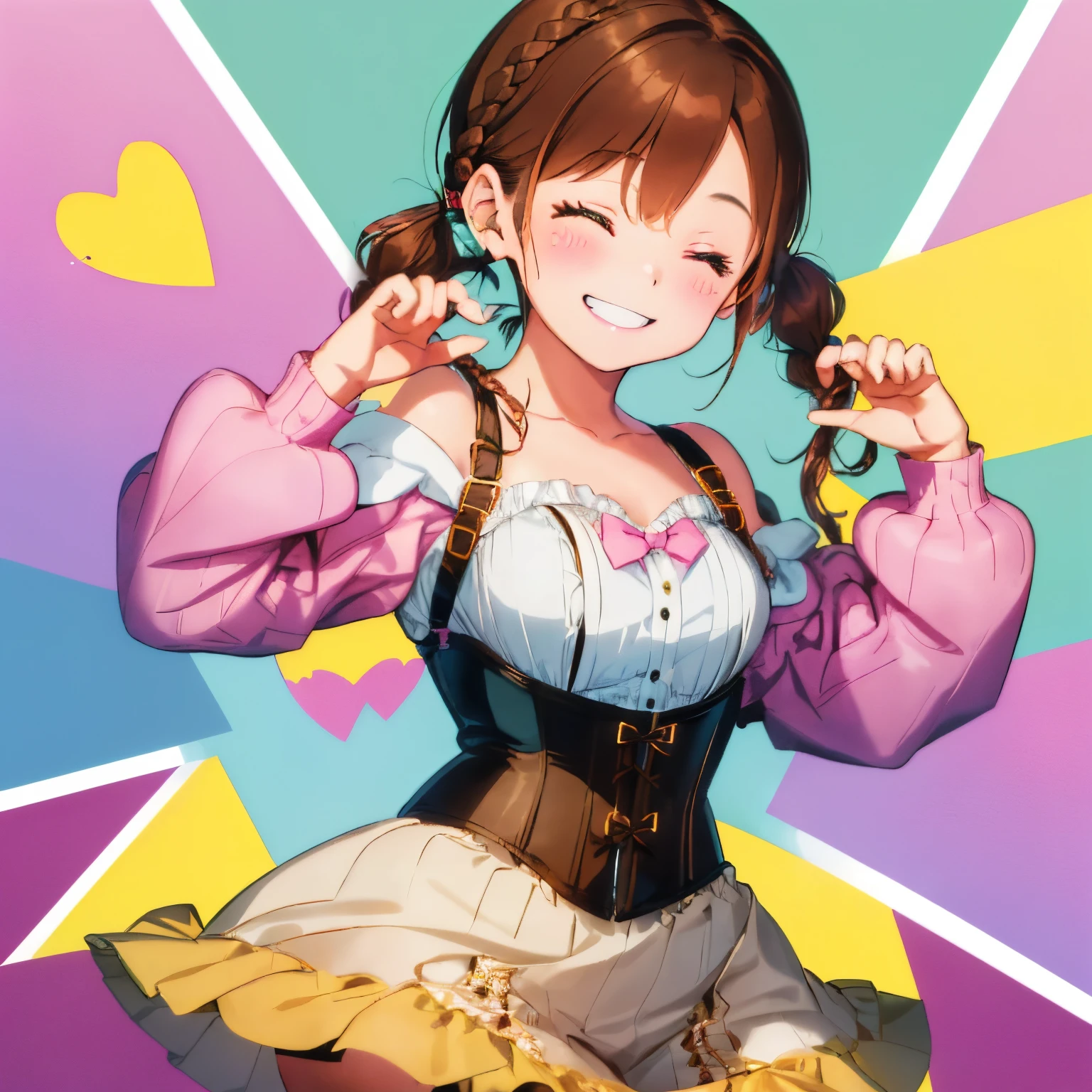 ((Brown hair)),((Braided shorthair)),((Brown eyes)),((pigtails)),((With bangs)),Smiling smile,(Winter clothes),((Long sleeves with open shoulders and puff sleeves)),((corsets)),(Striped clothing),((pink there,green grass,amarelo,blanche)),(((smiling with one eye closed))),((He is posing by making a heart symbol with his hands.)),(The heart symbol is flying),((A world with a colorful and pop atmosphere)),