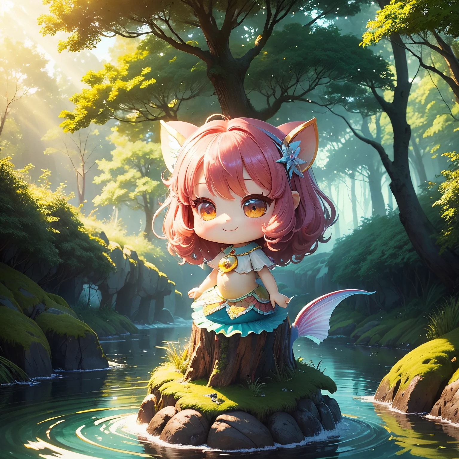 ​masterpiece、top-quality、ultra-detailliert、(Chibi Chara:4 1.2)、Rainbow Mermaid、fairy tale forest lake、A smile、Dazzling sunlight filtering through the trees