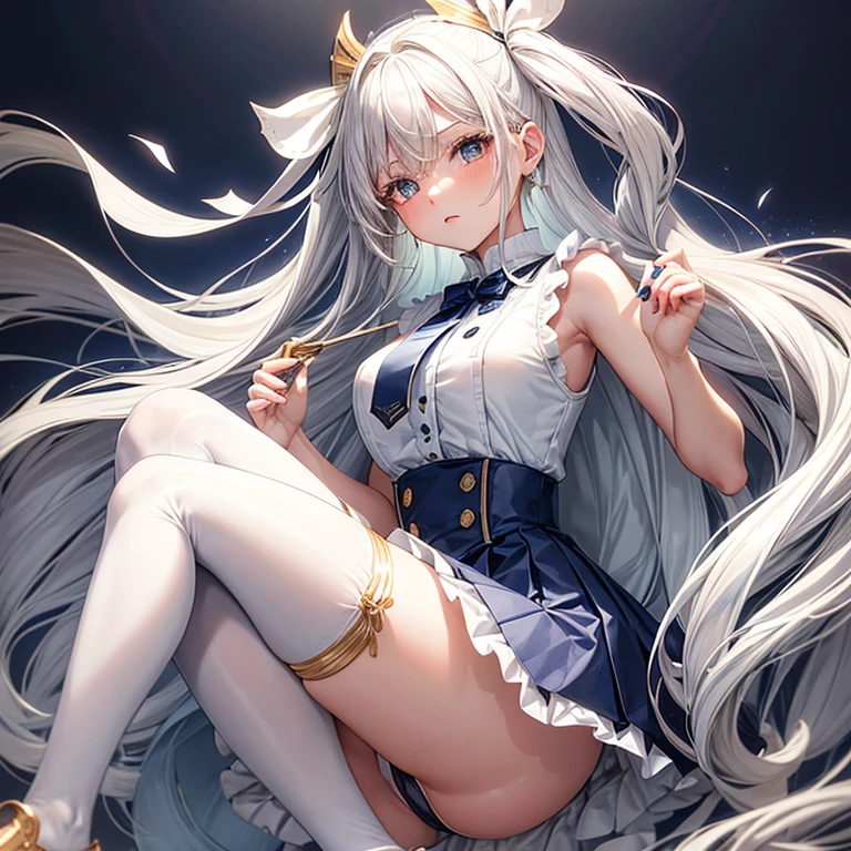 Portrait of a girl with long silver hair、Sleeveless, High collar white button front shirt、Wide large ribbon tie with gold trim、Dark blue cameo with golden border and white female silhouette.、Navy blue high waist flared miniskirt with bustier、white voluminous underskirt、White socks above the knee、Dark blue loafers