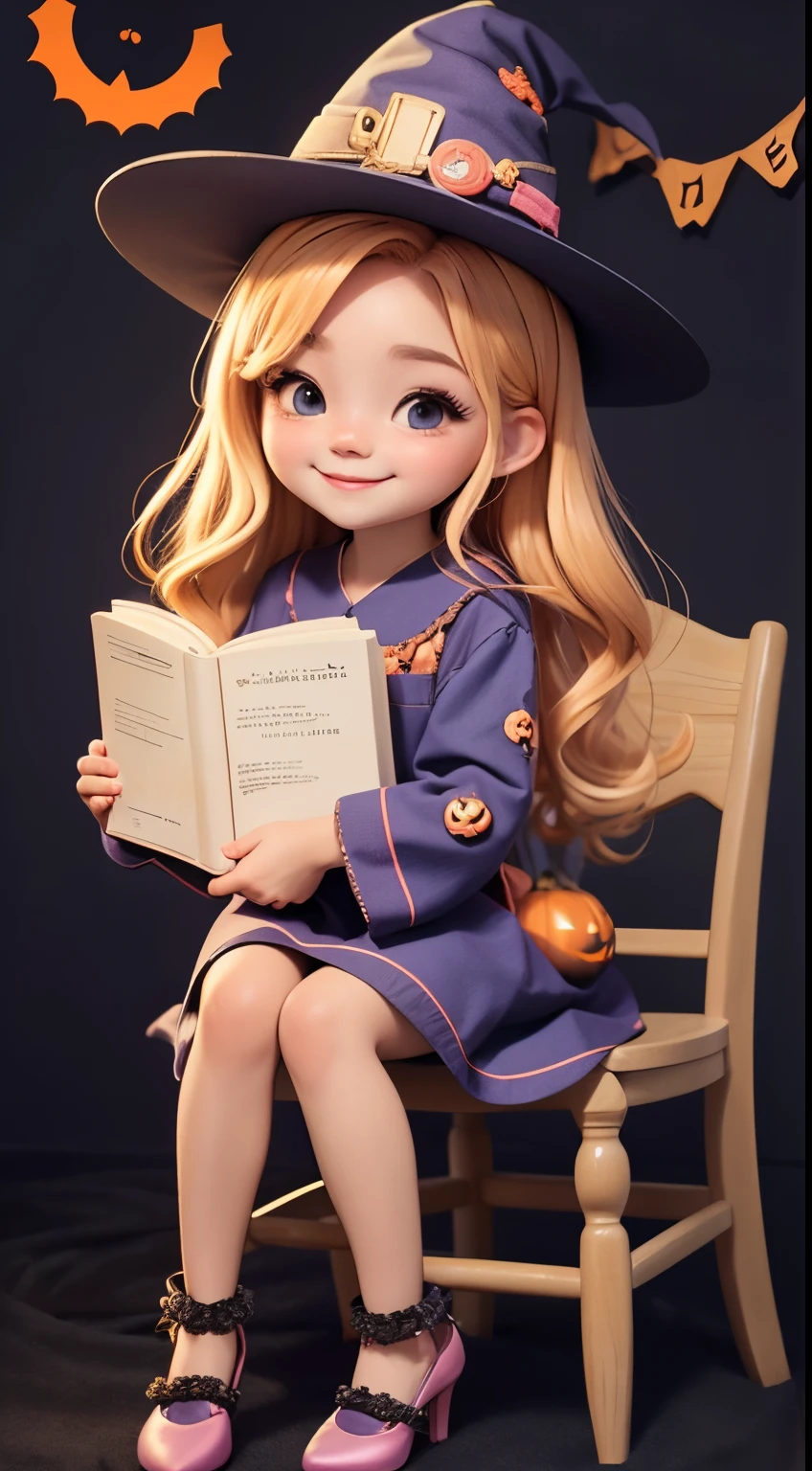 Cute Halloween Theme、full body Esbian、A smile、 The Wand and the Magic Book、Glamorous Hat、Halloween Accessories、Draw clothes buttons and pockets in a Halloween style、Cute shoes、sit a chair、bio luminescent、radiant light