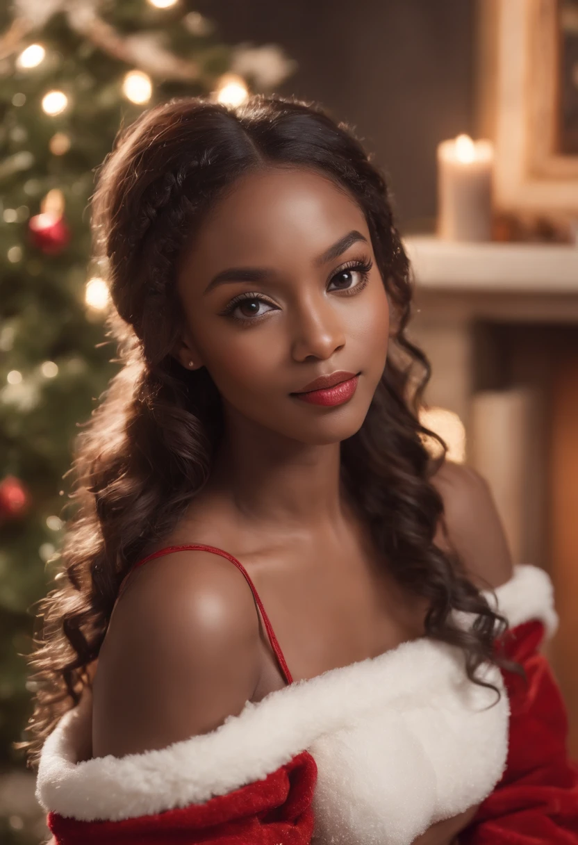 ((Very Dark African skin, Very deep ebony skin)), ((Its beauty undeniable)), ((Excited cute face)), ((Hyper detailed perfect eyes,)), ((attitude shocked)), ((Language output)), ((Seductive )), sexy, (( Short Red Christmas Dress *a little visible breast*), shorts short sexy)), ((Braided African hair,)), (( skin)), ((walking, side view)), ((Christmas tree, snow, mountains)), Sharp Focus CGI, photoreallistic, High detail, Realstic, Masterpiece, absurd, Best quality, Hdr, High quality, high-definition, Extremely detailed, 8k wallpaper, Intricate details, 8K UHD, Full-HD, (photo realist:1.2), contrast, intense illumination, lighting cinematic, natural lighting, hard light, backlight, Iglobal illumination, ambient occlusion
