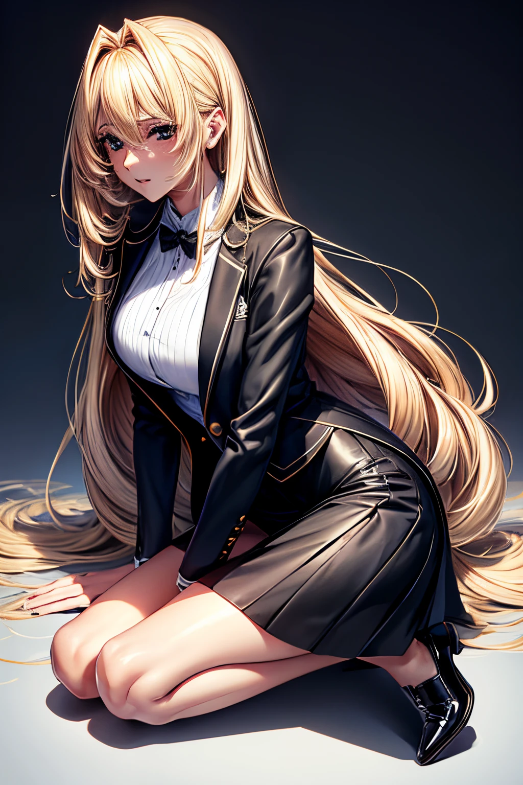 tmasterpiece,8K,High- sharpness,high high quality,30-year-old woman, Long blonde hair, Gentle eyes, blacksuit,white shirt,black short skirt,Black shoes