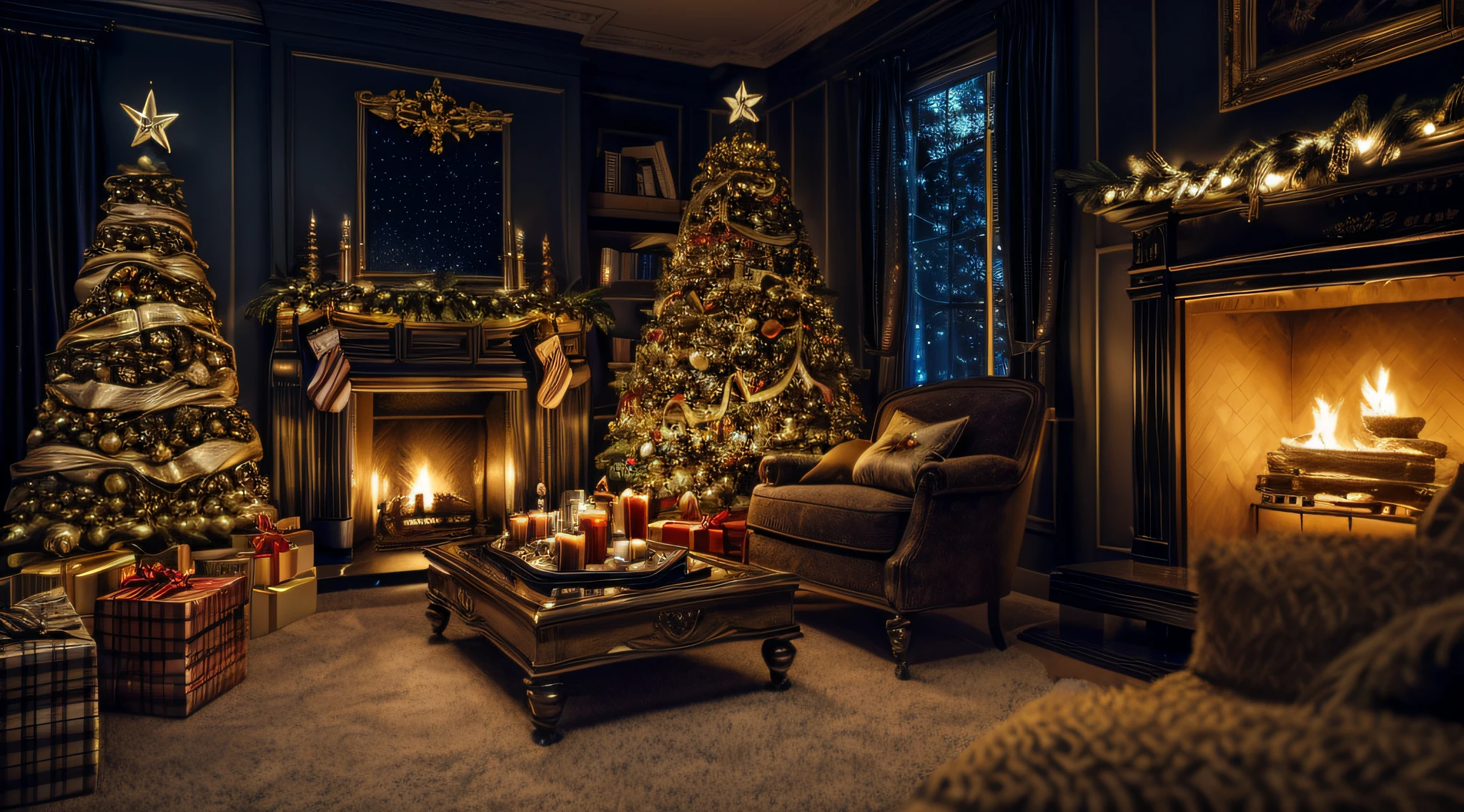 Dark Night,Well decorated Christmas tree, sparkling christmas tree,fireplace, subtle lighting,depth of fields、masterpiece、Top Quality、(Best Quality,4k,8K,high resolucion,Masterpiece:1.2),Ultra-detailed,(realisitic,Photorealistic,Realistis:1.37),FUJIFILM XT3,excellent shading,Dynamic composition,Realistis,