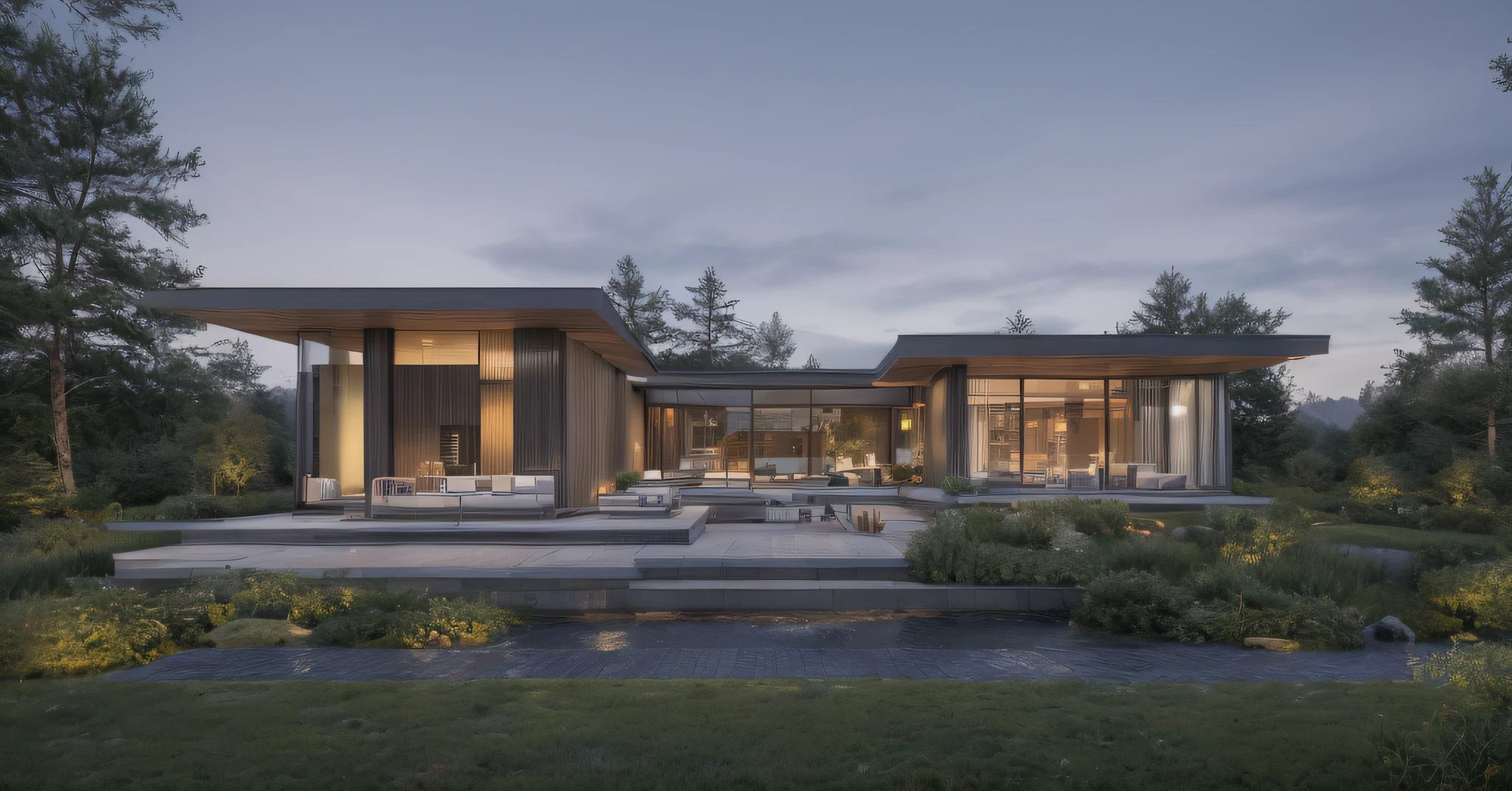 modern house, large yard, beautiful view, surrounding trees, (Single storey house planlat roof, large windows, wood materials, concrete and glass, glass railings, surrounded by trees, lawn , large sliding glass doors, large outdoor fireplace, beautiful flat roof, linear straight line,
sunset light, neutral colored lights, beautiful, cloudy sky, swimming pool in front of the house, landscape,plain terrain, RAW photo, subject, 8k uhd, dslr, soft lighting, high quality, film grain, Fujifilm XT3