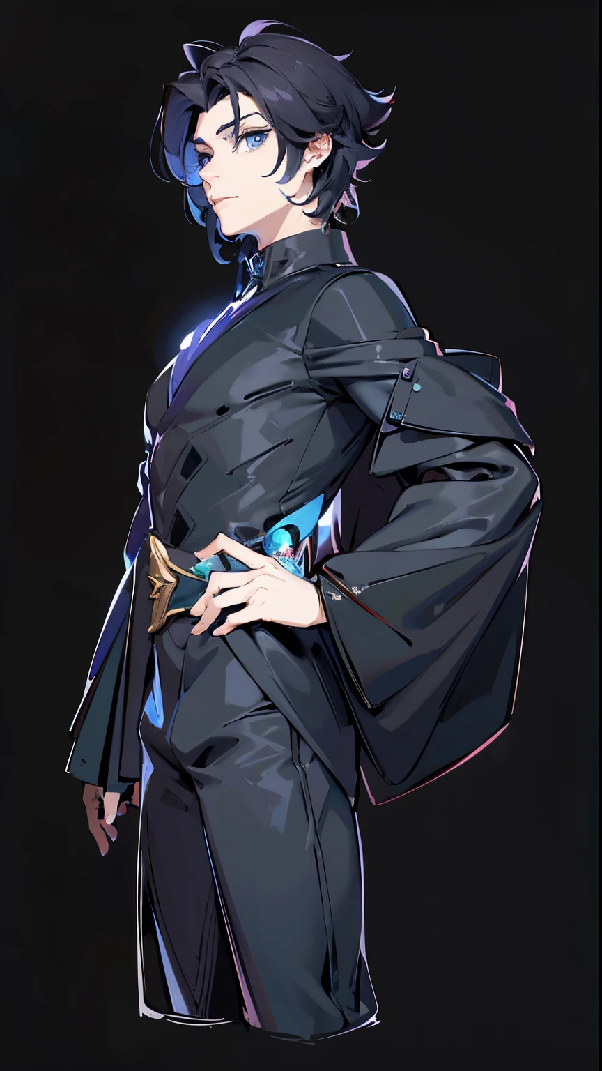 Anime-style image,One was wearing a black suit、man on black background, through new arts, beautiful male god of death, full body concept, ((wearing aristocrat robe)), Zero art, Handsome guy in the art of slaying demons, full body close-up shot, detailed full-body concept, Tall anime character with blue eyes, shinigami, offcial art