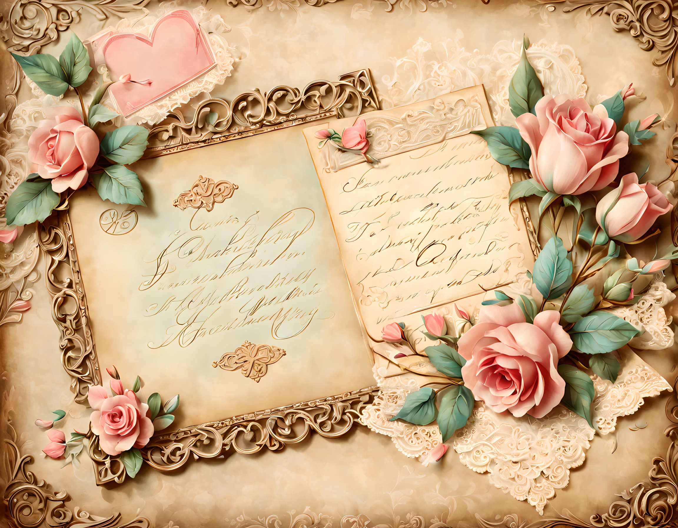 sweethearts postcard, victorian, volumetric lighting, highres, ultra-detailed, romantic atmosphere, intricate details, vintage colors, delicate lace, hand-painted illustrations, ornate frames, nostalgic charm, faded edges, soft pastel tones, gentle sunlight, dreamy ambiance, antique paper texture, love letters, old-fashioned handwriting, sentimental symbolism