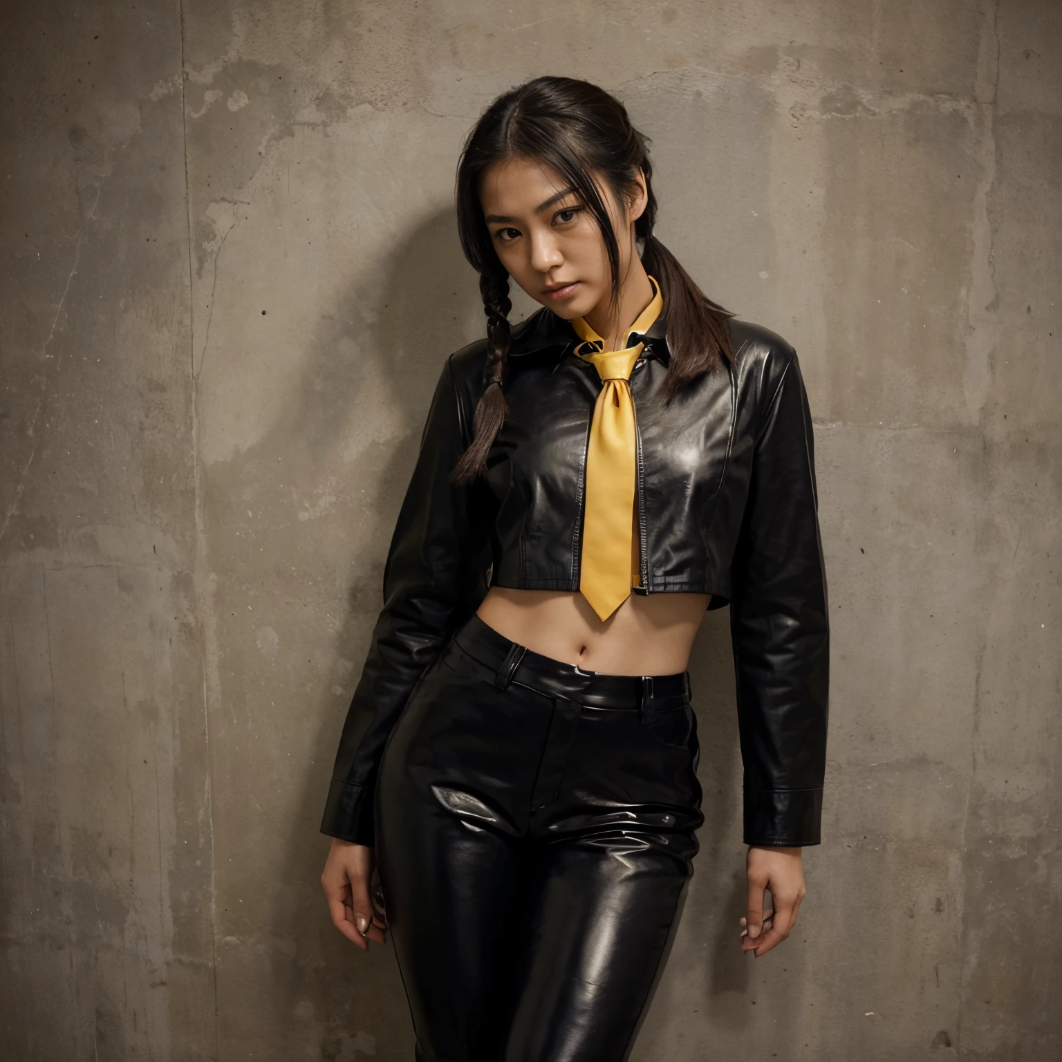 Japanese girl in black leather suit, pony tail hair, yellow tie, agent, masterpiece, best quality, black shirt, leather pants, straight hair, boots, navel