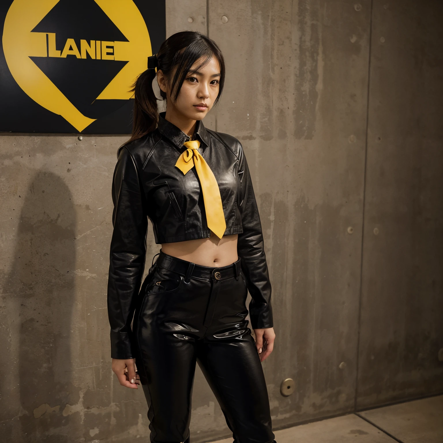 Japanese girl in black leather suit, pony tail hair, yellow tie, agent, masterpiece, best quality, black shirt, leather pants, straight hair, boots, navel