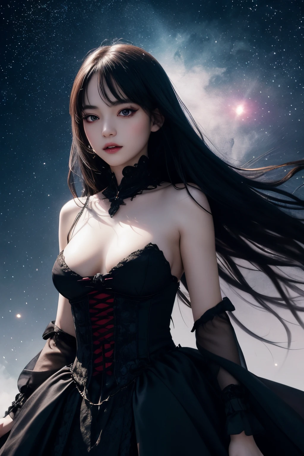 vampire in gorgeous black gothic dreslood Clan,Full body portrait evil,Fallen,Gorgeous skirt(light particules,lens flare glow,Luminous Particle:0.6),(dynamicposeirror lighting,gentle lighting,looking at viewert,depth of fields,(small heads:1.4),(CG illustration),(very fine and beautiful), (Cute and delicate face), ((Float in the air with your hands open)), Expressionless face, (Character focus), luminous red eyes, Heterochromatic pupil, Colored eyeshadow, colored eyelashes, SFW, color difference, (ultra - detailed), Mental light,Dream starry sky decoration pattern, (8K,best qualtiy,tmasterpiece:1.2),ultra-detailliert,(profesional lighting,shot of),tachi-e, Negative label (nsfw:1.5),verybadimagenegative_v1.3,