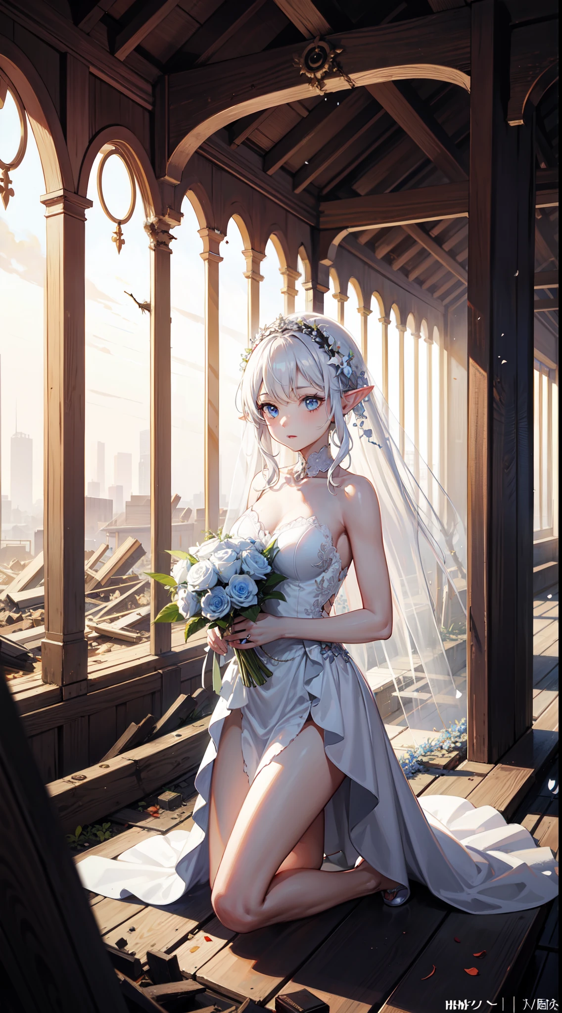 A beautiful elf girl in torn dirty wedding dress kneeling amidst rubbles of a war-torn fallen city, (people running), smoke, smog, light particles, fire, somber, innocence and devastation, (elf), 1girl, Bangs, sidelock, white hair, blue eyes, UHD, HDR, Colored pencil drawing, Broken Glass effect, aesthetic, art style by Artgerm, Yusuke Murata, very intricate and hyper-detailed Composition by Rella