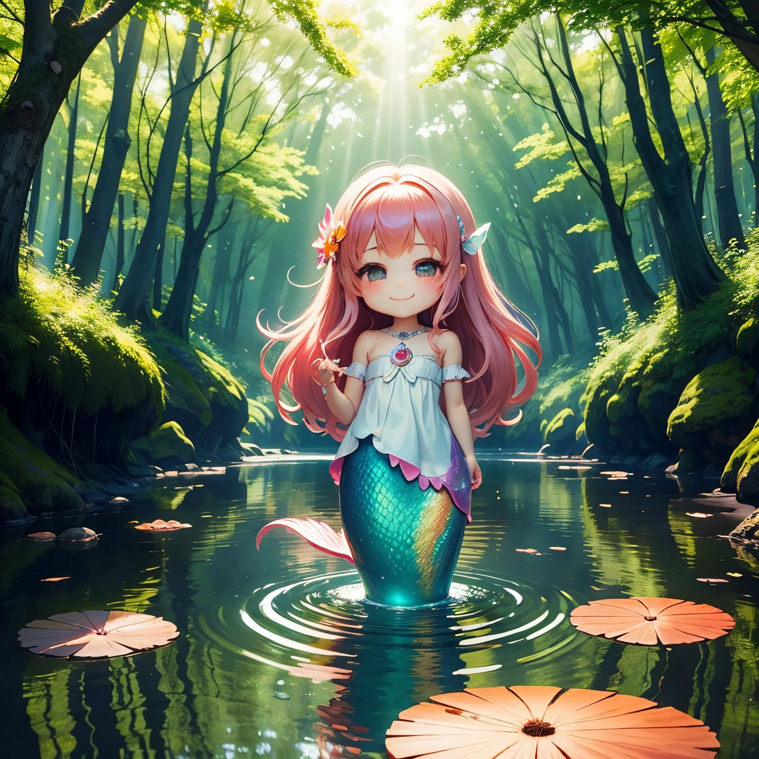 A girl with pink hair and a mermaid tail standing in a river - SeaArt AI