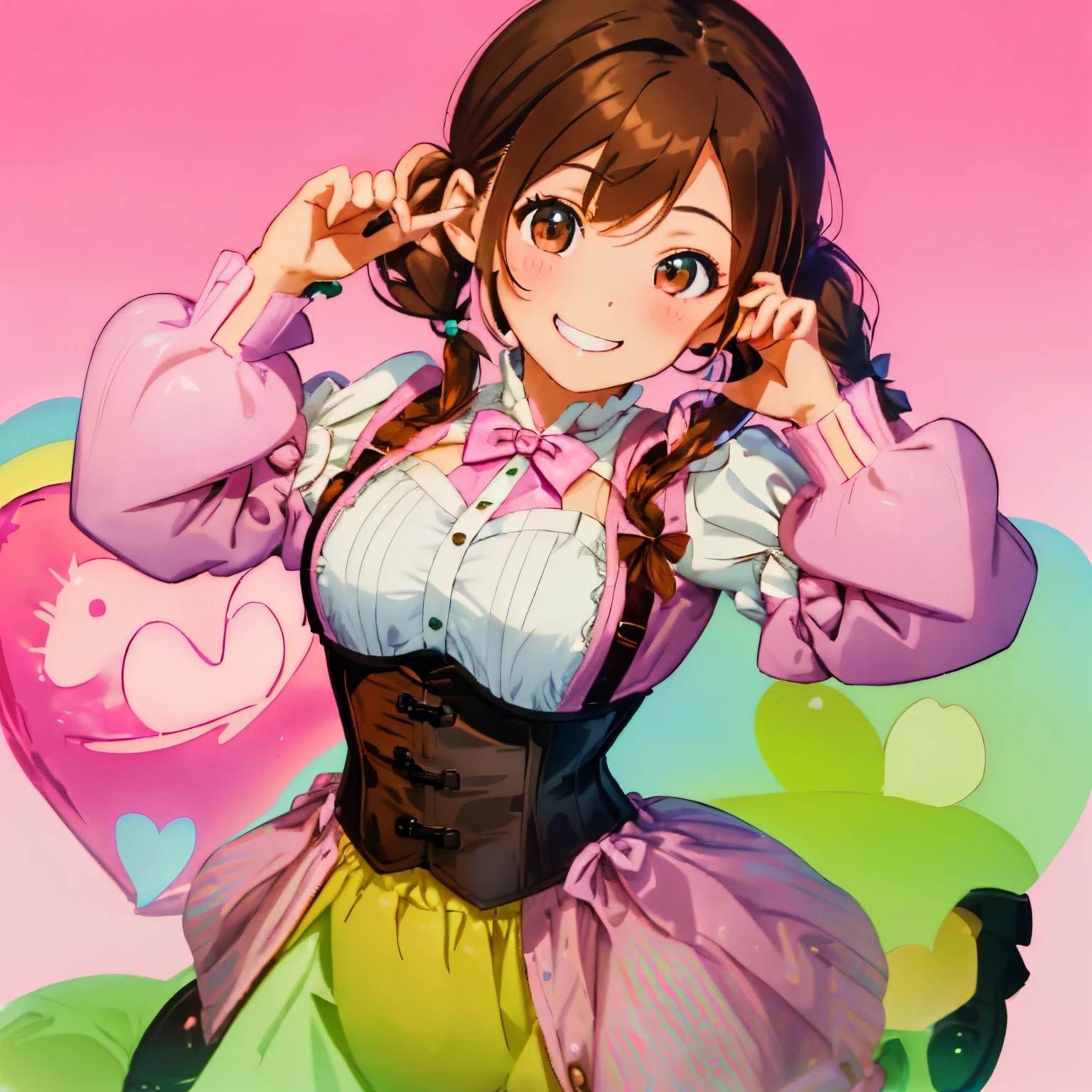 ((Brown hair)),((Braided shorthair)),((Brown eyes)),((Pigtails)),((With bangs)),Smiling smile,(Winter clothes),((Long sleeves with open shoulders and puff sleeves)),((corsets)),(Striped clothing),((pink there,Green grass,amarelo,blanche)),(((Smile while winking))),((He is holding a heart symbol pose with both hands..)),(flying heart mark),((A colorful and pop-like world view)),