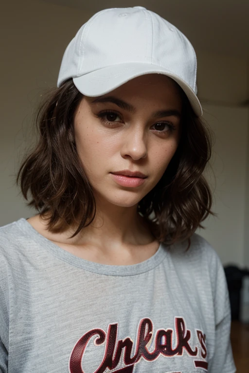 mixed white african woman, curly hair, wearing a baseball cap,