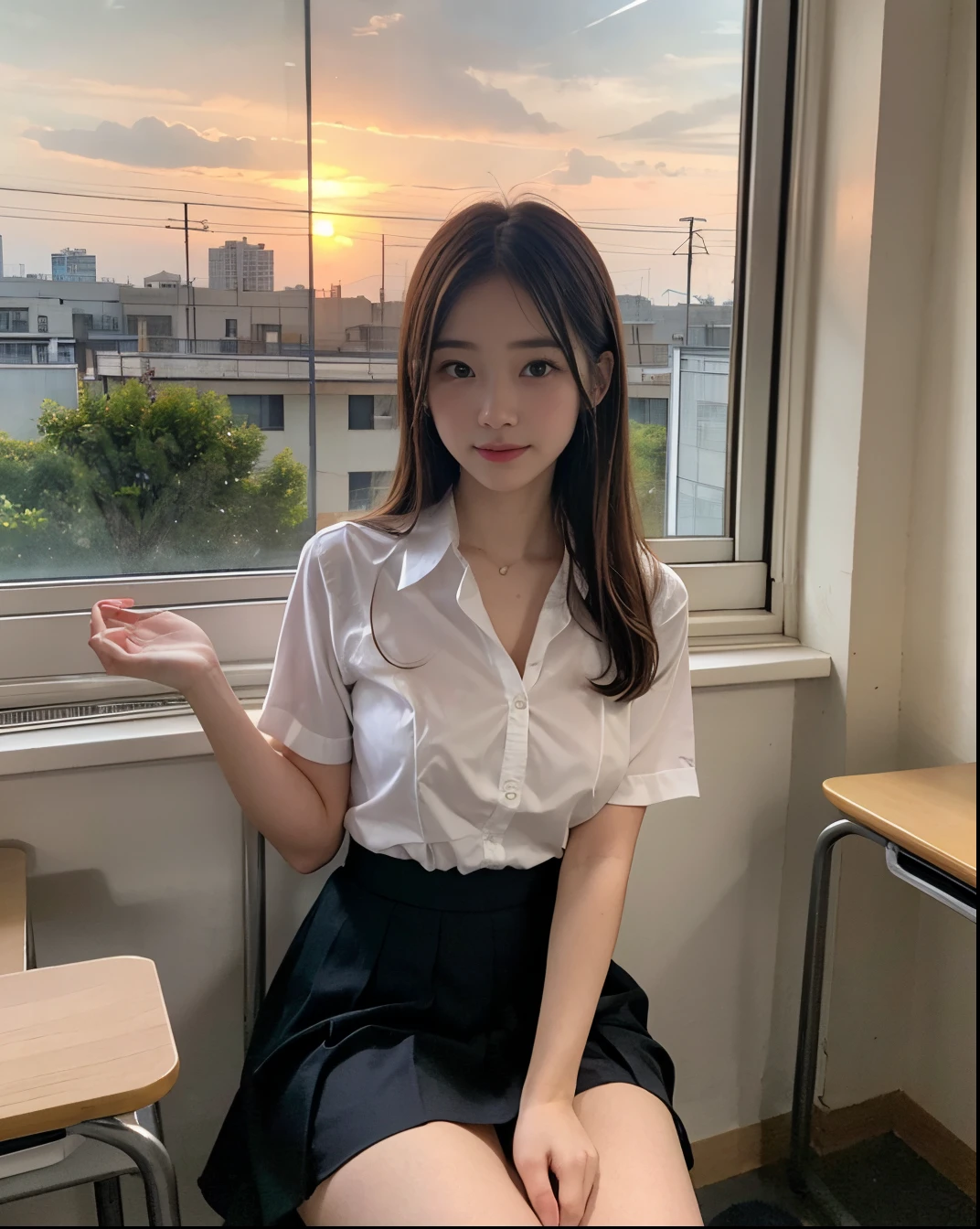 huge tit、Big ass、a baby face、1 Girl M、japanse、 (Soio)、(Chest shot up)、18year old、(Sitting on a school chair by the window)、She's looking at it、Sunset hits、(ultra cute girl)、(A detailed face)、Textured Leather、Bare legged、Brown hair、(校服)、Junior High School、crass room、School Desks and Chairs、The windows are full of residential areas and sunsets.