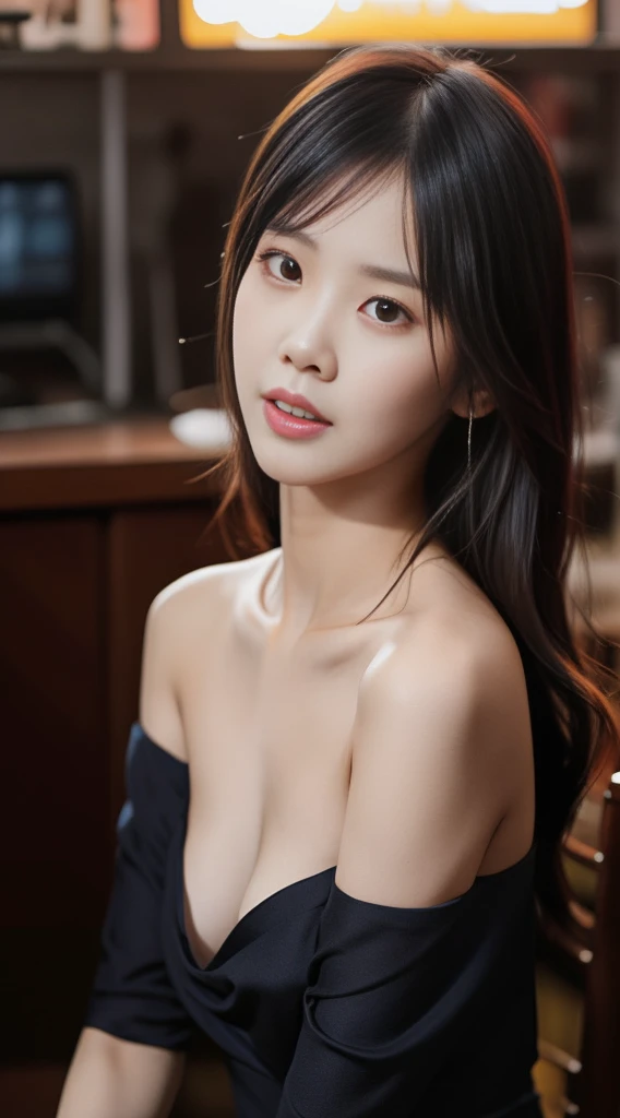 mulher araffe em um vestido preto sentada em uma mesa, Mulher sul-coreana bonita, linda mulher coreana jovem, mulher coreana jovem bonita, coreana, gorgeous chinese model, meninao-fino-cara, Jaeyeon Nam, Beautiful Asian girl, Wenfei Ye, Heonhwa Choe, Lee Ji - Eun, Lee Ji-eun, Mulher coreana, full body looking at viewer without bra..