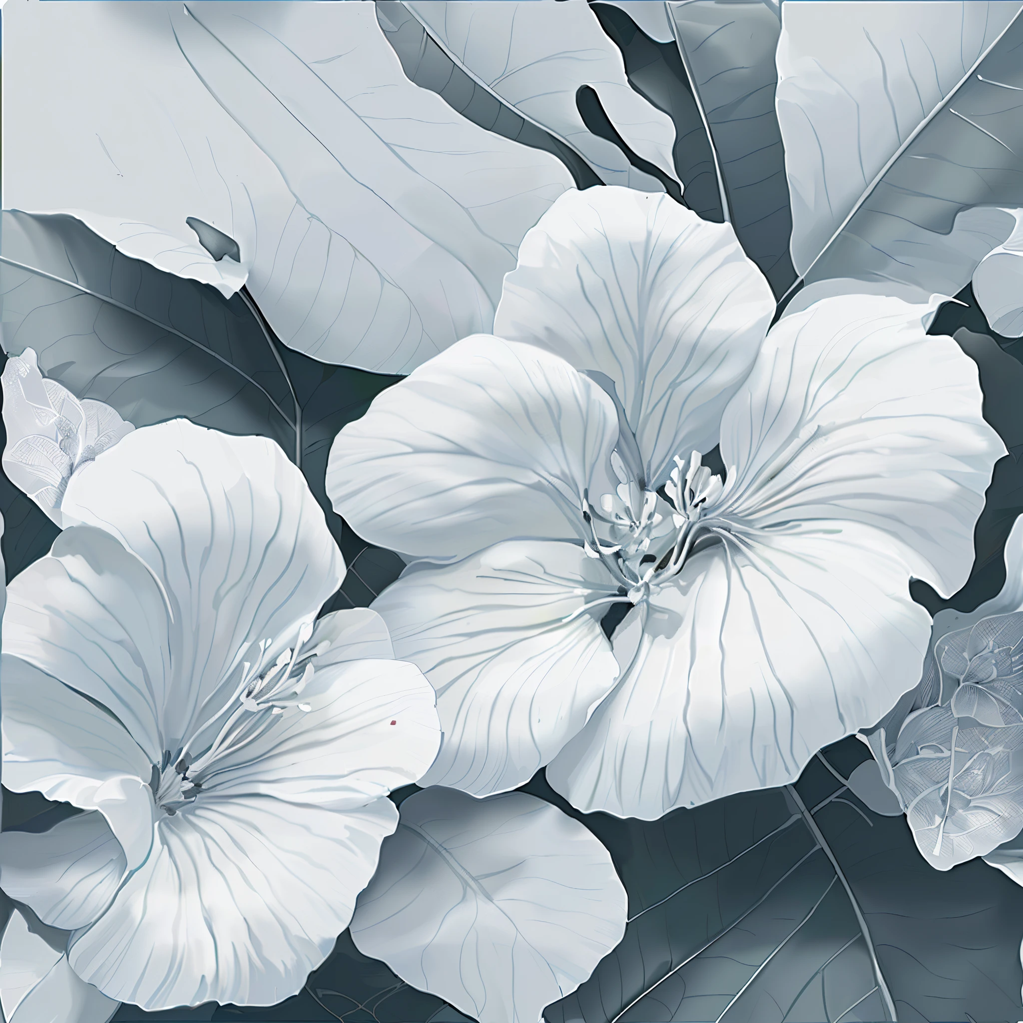 There a black and white photo of a flower with leaves, blooming tropical flowers, Advanced digital art, Exotic prints, peach blossom, Li Fuchunshi, beautiful digital art, Digital Elegance Pintura, blossoms, beautiful tropical flowers, Keiko#39;Surreal flowers, Beautiful large flowers, Advanced digital art, tropical flowers, beautiful digital illustration