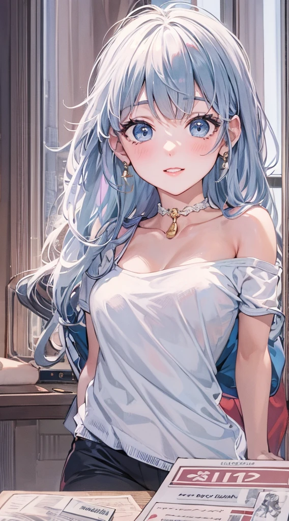 Character Details:, - Gender: 1 Girl.
- Style: Anime, - Body Type: Attractive body, slim body, nice legs, slim tights, nice arms, nice shoulders. - Breast: ((Small Breast:1,5)), Show Cleavage.
- Facial Featureeautiful, Gorgeous, ager, Fresh, Young.
- Expression: Smile, Pink Blush on Face, Sexy Eyes, Sexy Look, Innocent Look, Tipsy. - Hairstyle: Blunt Bangs, Long Hair. - Hair Color: Light Blue Hair.
- Clothing: off-shoulder, white cotton shirt, skirt, modern. - Body Pose: (Sitting). - Behaviour: Waiting, Want Something, Secretly.
- Accessories: Earrings. Environmental Details:, - Setting: Office Room., - Lighting: Natural Light., - Decoration: Modern Office Desk, Chair, Window, White Curtain, City View. Top view.- Masterpiece, top quality, best quality, official art, beautiful, and aesthetic:1.2 - Fractal art:1.1, Colorful:1.1, Highest detailed:1.2, Zentangle:1.2 - Crisp details, Sharp lines, Rich textures, Fine craftsmanship:1.3 - High resolution, Meticulous rendering:1.2, POV, anime style, UHD, retina, masterpiece, accurate, anatomically correct, textured