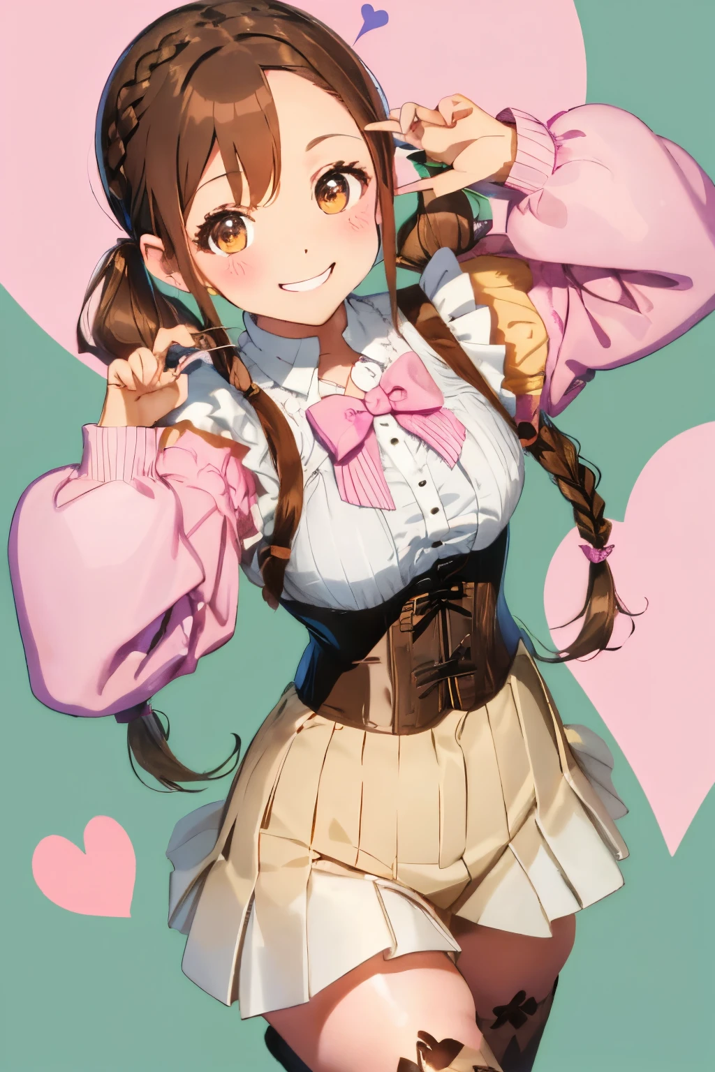 ((Brown hair)),((Braided shorthair)),((Brown eyes)),((Pigtails)),((With bangs)),Smiling smile,(Winter clothes),((Long sleeves with open shoulders and puff sleeves)),((corsets)),(Striped clothing),((pink there,Green grass,amarelo,blanche)),(((Smile while winking))),((He is posing with his hands in a heart shape...)),(Flying Heart Mark),((Colorful and pop world view)),