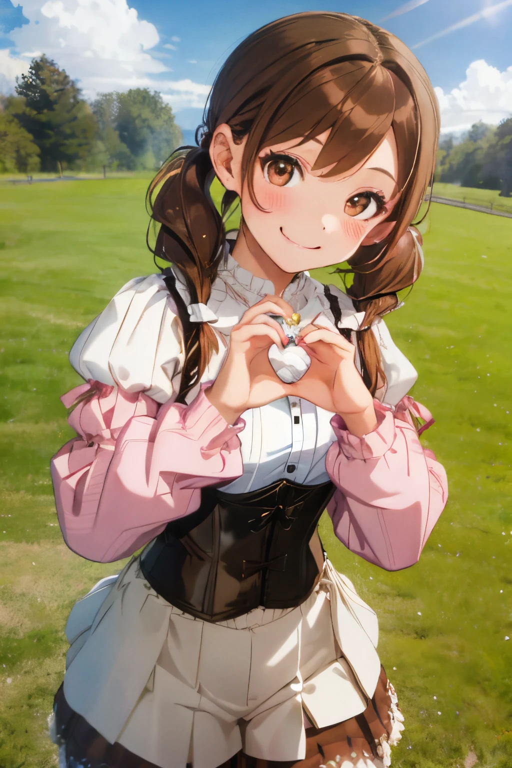 ((Brown hair)),((Braided shorthair)),((Brown eyes)),((Pigtails)),((With bangs)),Smiling smile,(Winter clothes),((Long sleeves with open shoulders and puff sleeves)),((corsets)),(Striped clothing),((pink there,Green grass,amarelo,blanche)),(((Smile while winking))),((He is posing with his hands in a heart shape...)),(Flying Heart Mark),((Colorful and pop world view)),