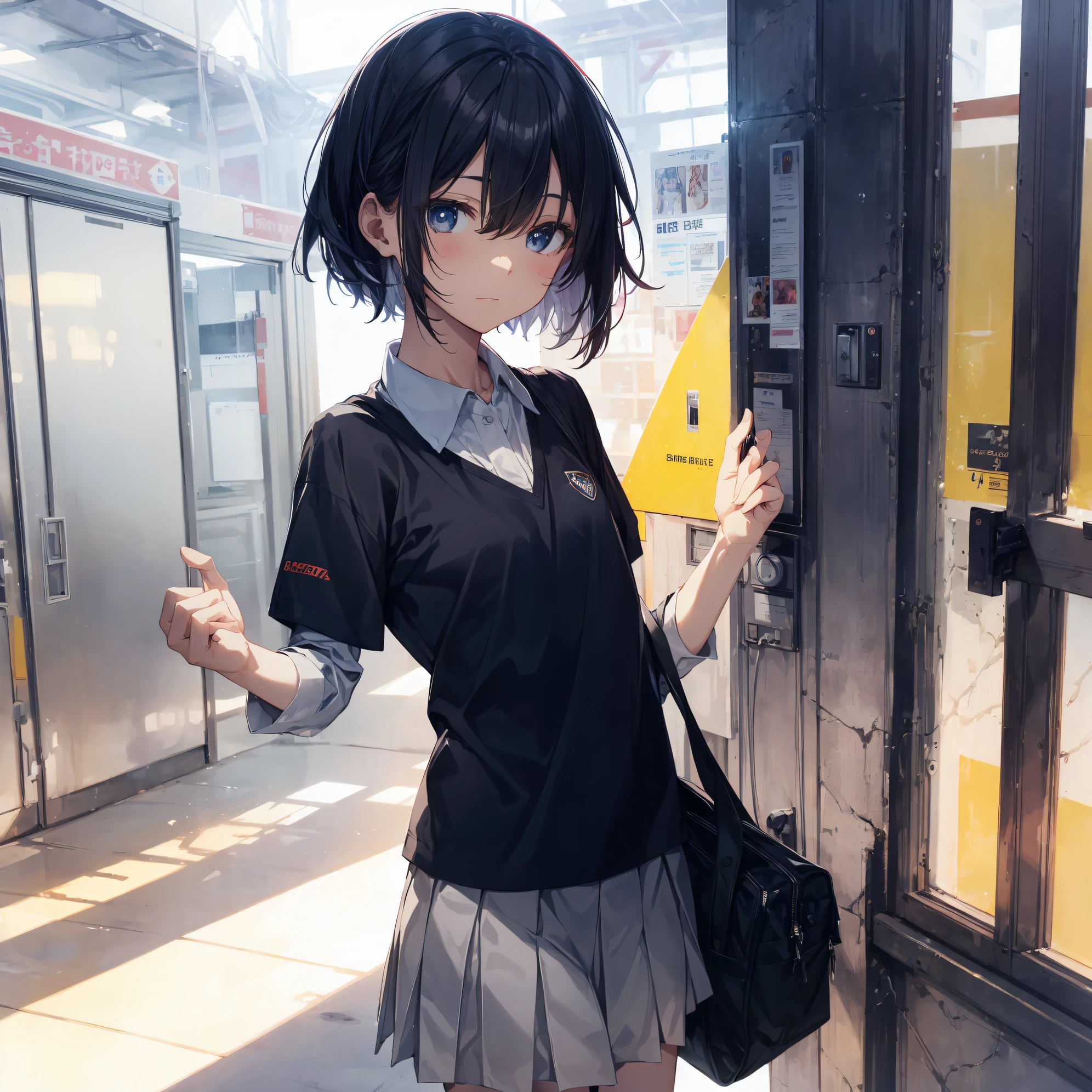 best god quality, Ultra-detailed, anime moe art style,Best Anime 8K Konachan Wallpapers,Pixiv Contest Winner,Perfect Anatomy, (Draw a girl sleepily walking to school. ),BREAK, 1girl is a cool beautiful girl, (Solo,Lori,child,13years:1.3),a junior high school student, Androgynous attraction, (Center part very short hair),hair messy, Forehead, Full limbs, complete fingers,flat chest, Small butt, groin, Small eyes,Beautiful detailed black eyes,Well-proportioned iris and pupils,disgusted eye, School uniform, Skirt,On the way to school. BREAK,High resolution,super detailed skin, Best lighting by professional AI, 8K Illustration,