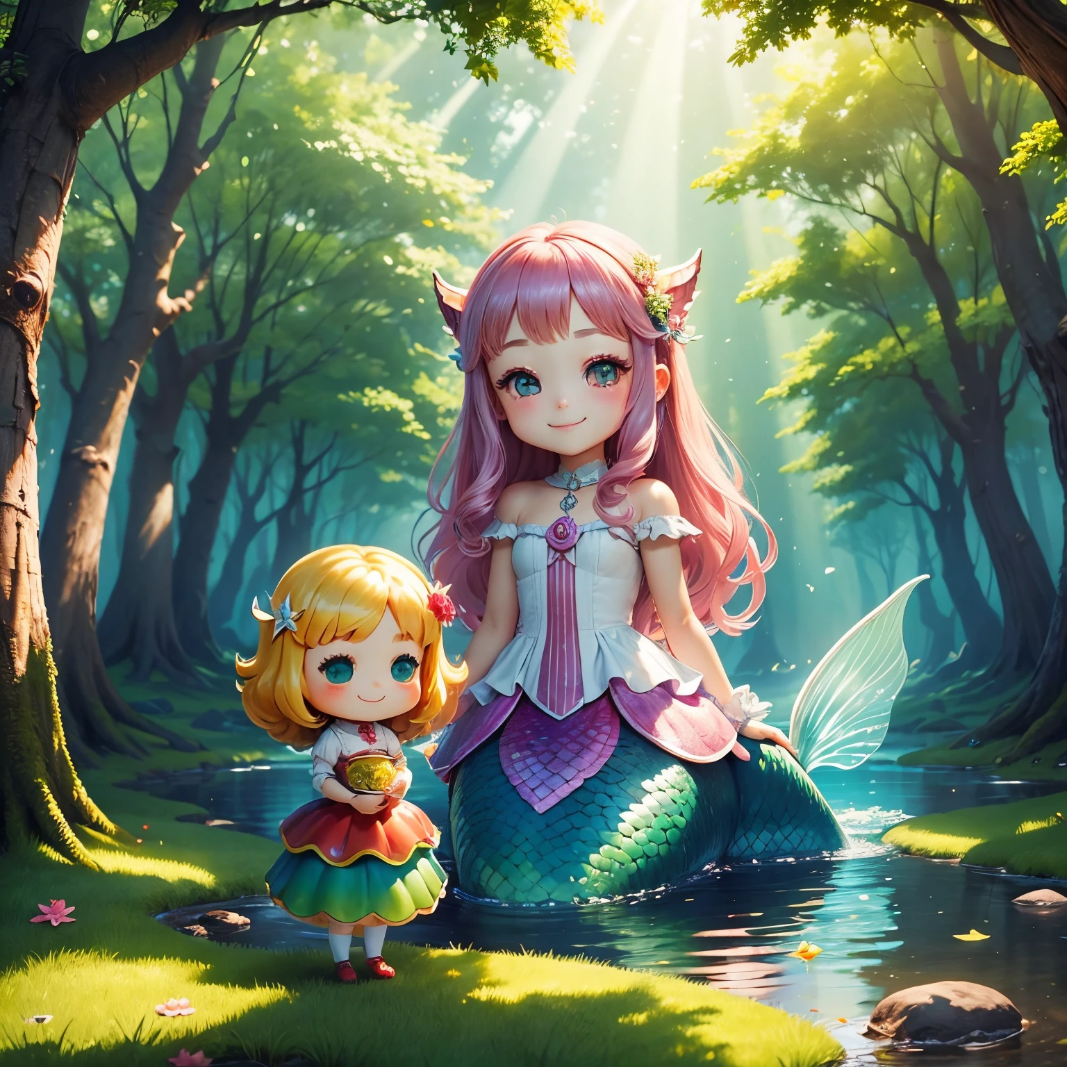 masterpiece、top-quality、ultra-detailliert、(Chibi Chara:4 1.2)、Rainbow Mermaid、fairy tale forest lake、A smile、Dazzling sunlight filtering through the trees