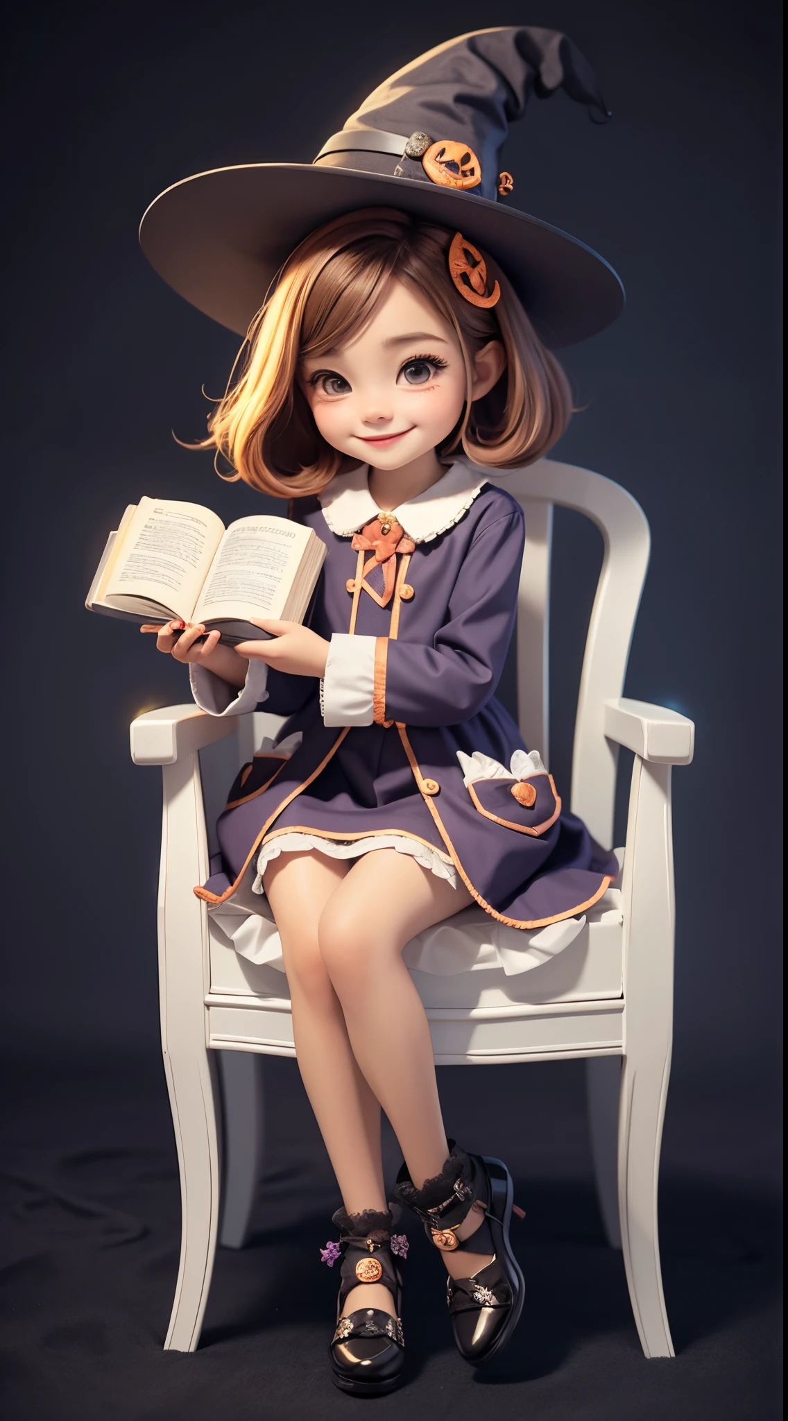 Cute Halloween Theme、full body Esbian、A smile、 The Wand and the Magic Book、Glamorous Hat、Halloween Accessories、Draw clothes buttons and pockets in a Halloween style、Cute shoes、sit a chair、bio luminescent、radiant light