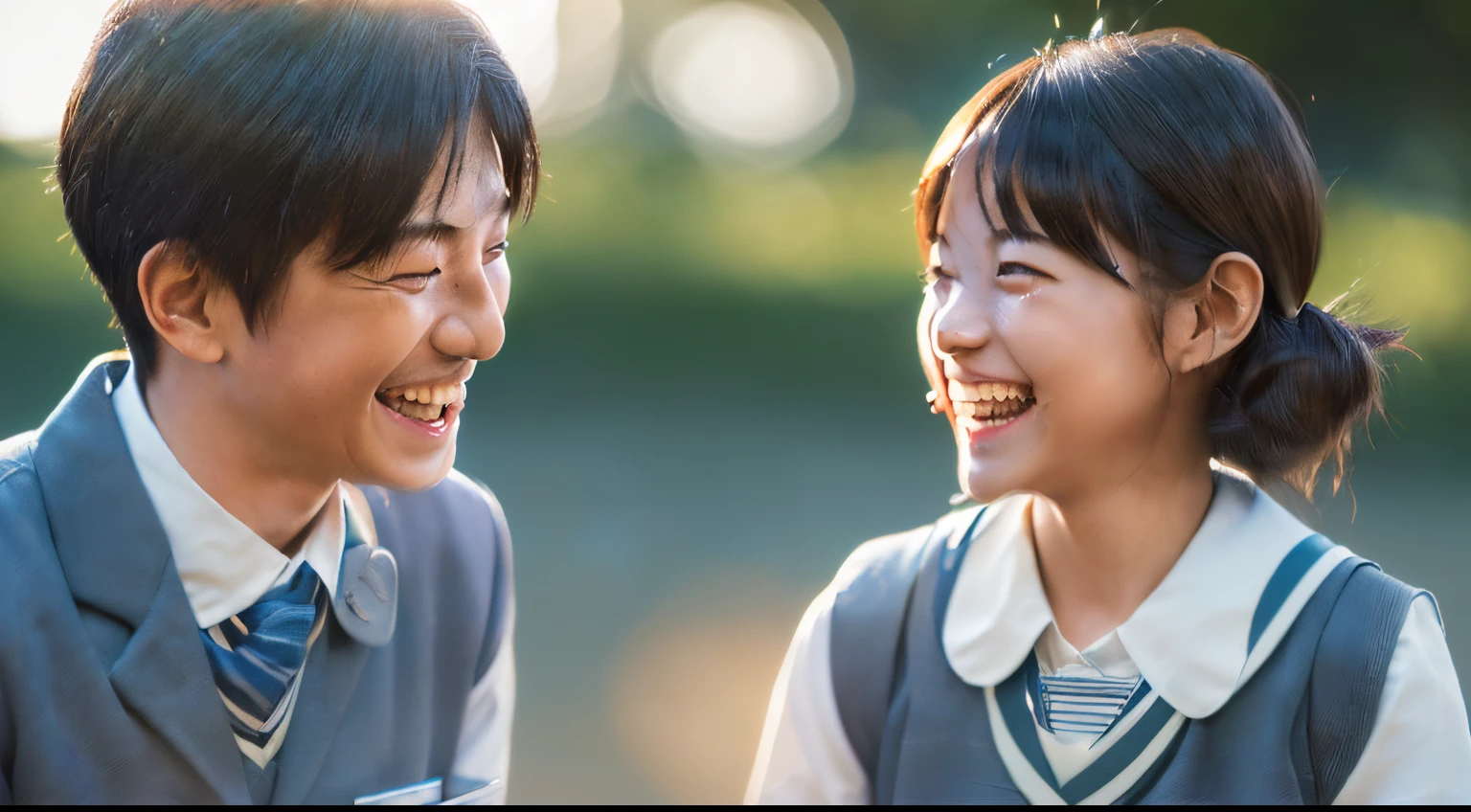 (RAW photo:1.5), (masterpiece:1.6, best quality:1.6), (8k photo), (photon mapping:1.6), (photorealistic:1.8), (detailed face:1.5), (1 Japanese school girl and 1 Japanese school boy:1.5), (they are talking with laughing:1.5),(simple school uniform:1.7), (simple background), (18 years old),