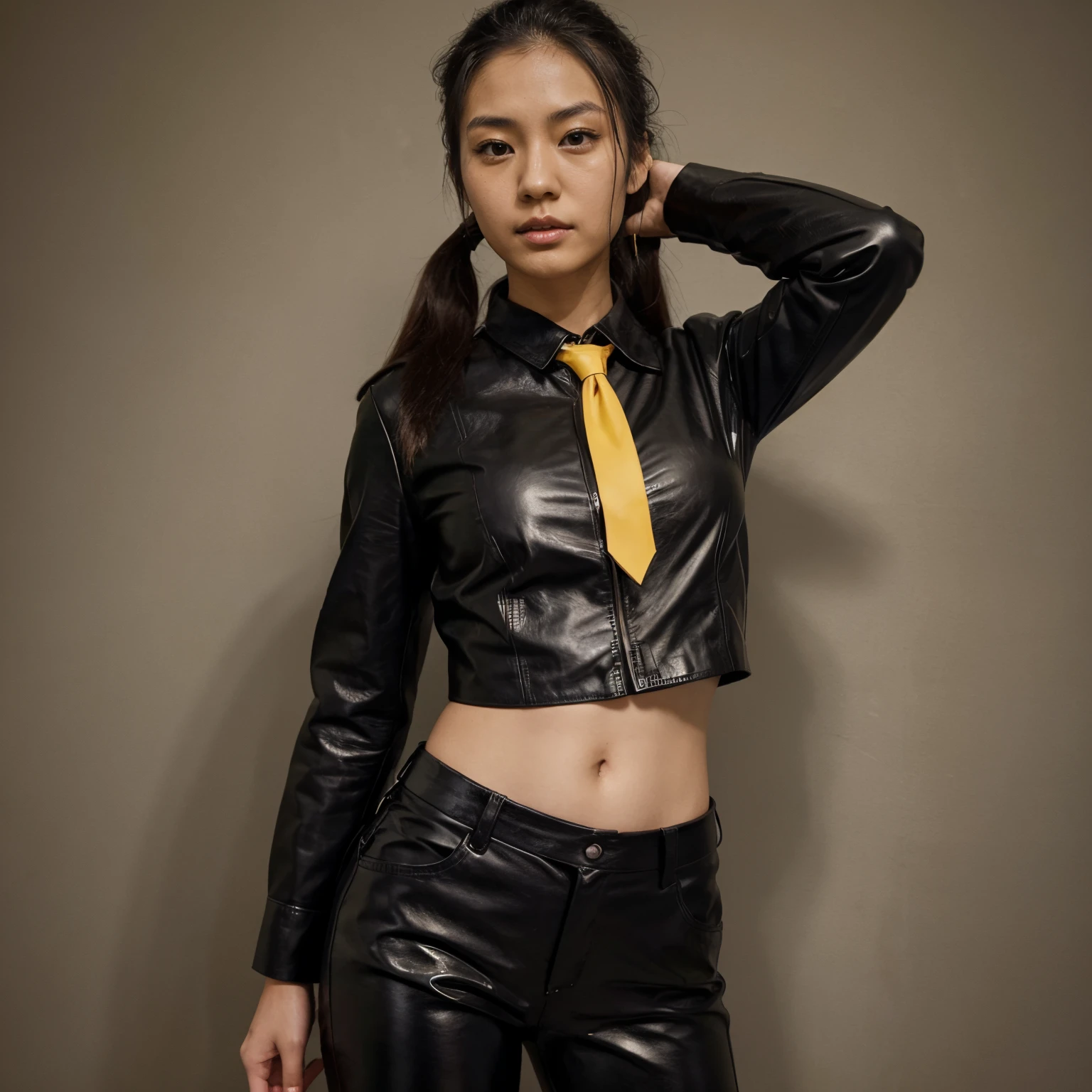 Japanese girl in black leather suit, pony tail hair, yellow tie, masterpiece, best quality, black shirt, leather pants, straight hair, navel