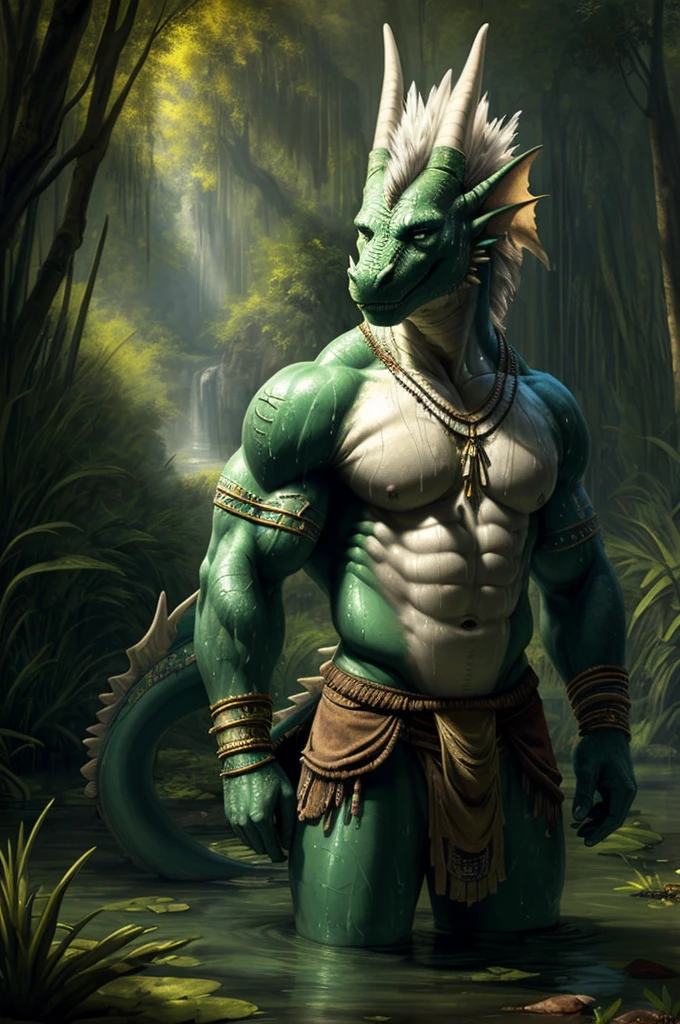 sweat drops, photografic, (Cool Posing:1.1025), , ultra-realistic shading, anthro, Green, dragon, Photorealistic, Nude, considerable, (Rembrandt:1.1025), Huge pectoral muscles, tribal, warrior, Biceps, (loincloth:1.05), tiny little waist, Thin Piece, NSFW, in a swamp, white belly, tail