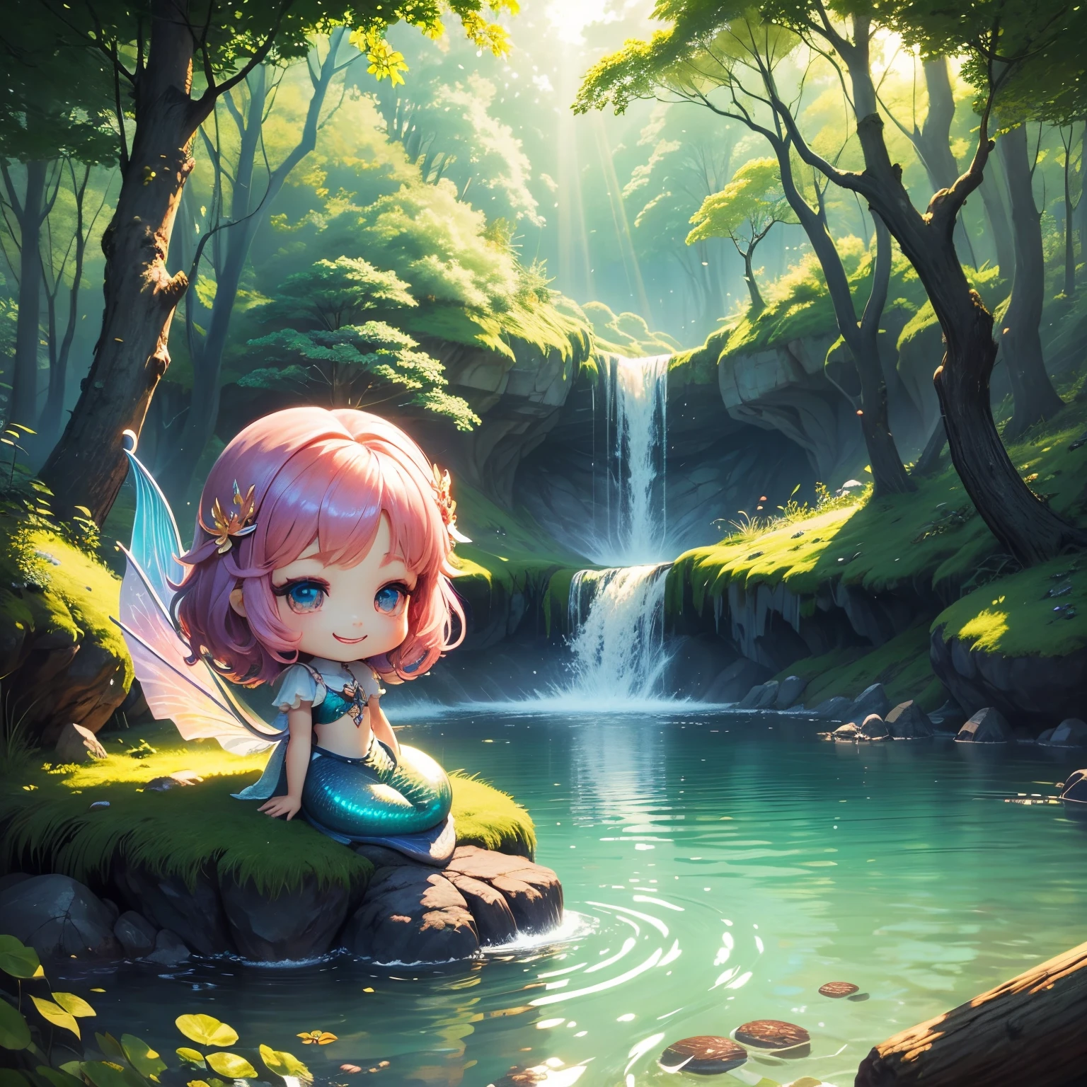 ​masterpiece、top-quality、ultra-detailliert、(Chibi Chara:4 1.2)、Rainbow Mermaid、fairy tale forest lake、A smile、Dazzling sunlight filtering through the trees